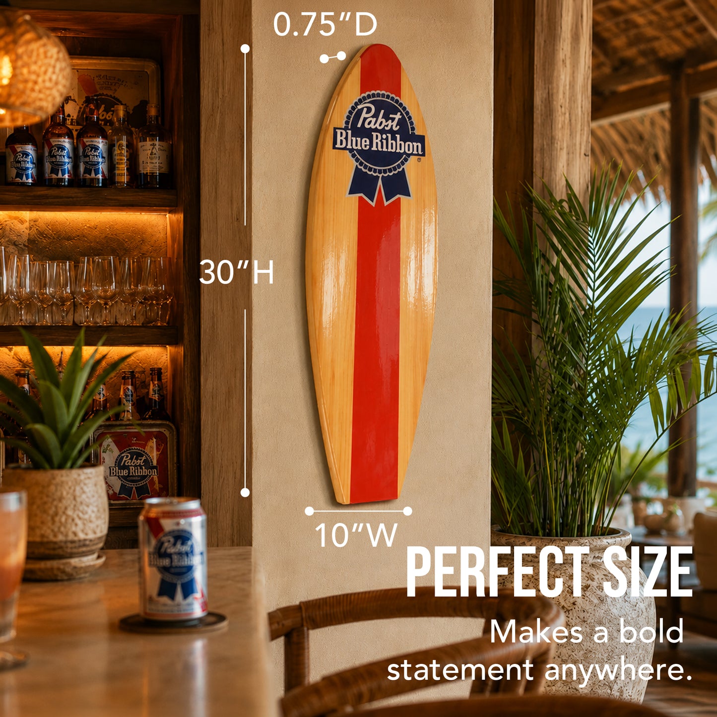 Officially licensed Pabst Blue Ribbon surfboard wall plaque featuring the iconic PBR logo on a natural wood-look MDF surfboard, perfect for home bars, man caves, garages, beach houses, and coastal décor.