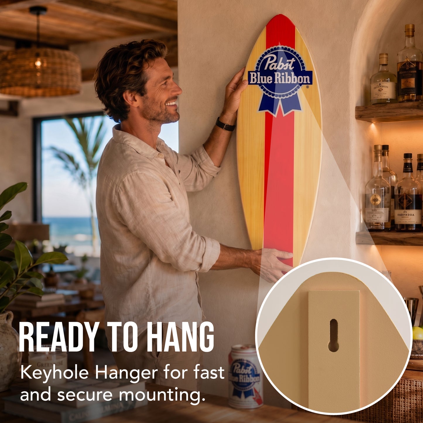 Officially licensed Pabst Blue Ribbon surfboard wall plaque featuring the iconic PBR logo on a natural wood-look MDF surfboard, perfect for home bars, man caves, garages, beach houses, and coastal décor.