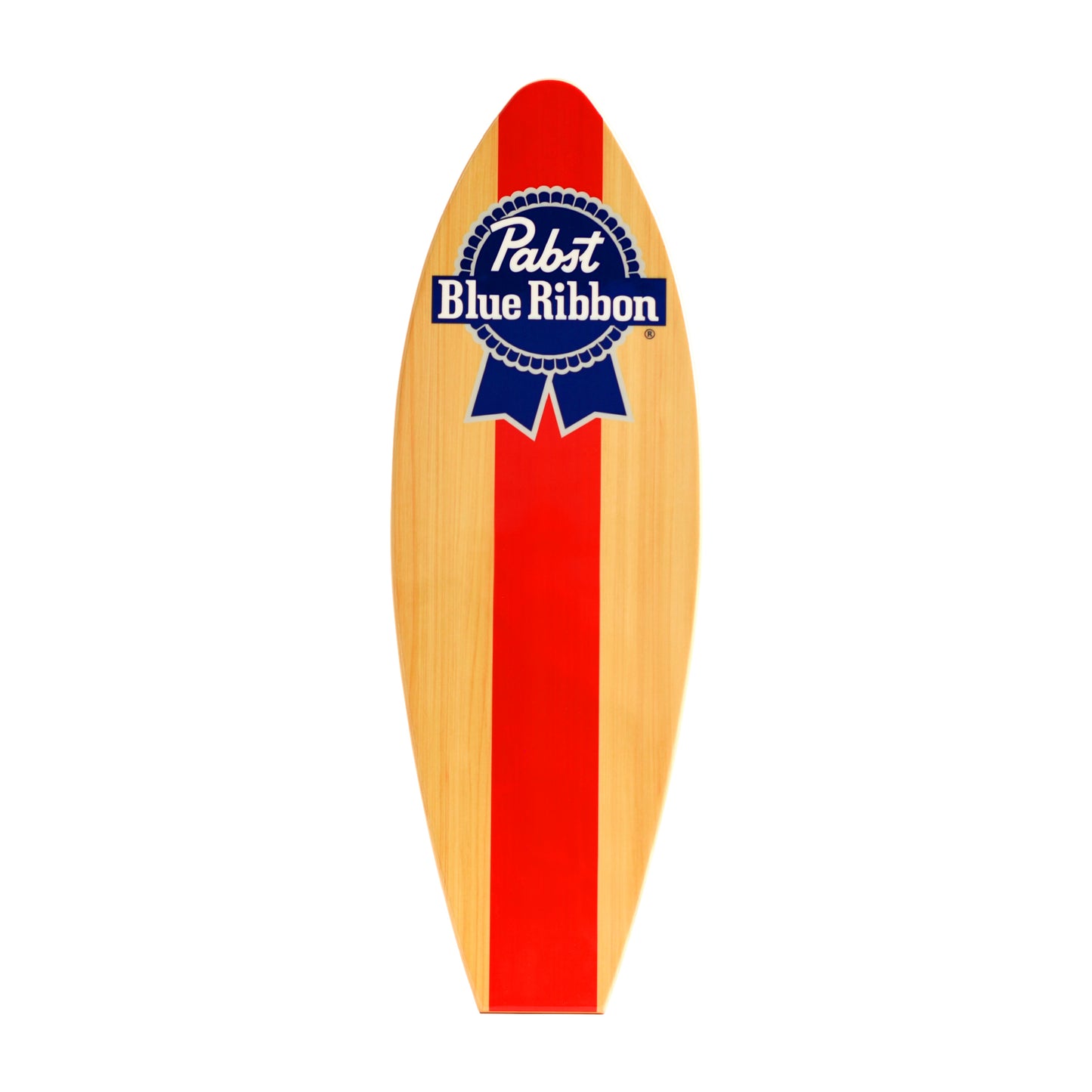 Officially licensed Pabst Blue Ribbon surfboard wall plaque featuring the iconic PBR logo on a natural wood-look MDF surfboard, perfect for home bars, man caves, garages, beach houses, and coastal décor.