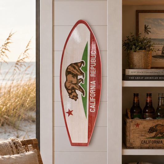 California Surfboard Plaque featuring the California Republic bear flag printed on a rustic wood-look MDF surfboard, ideal for coastal beach homes, lake houses, vacation rentals, patios, and surf-themed décor.