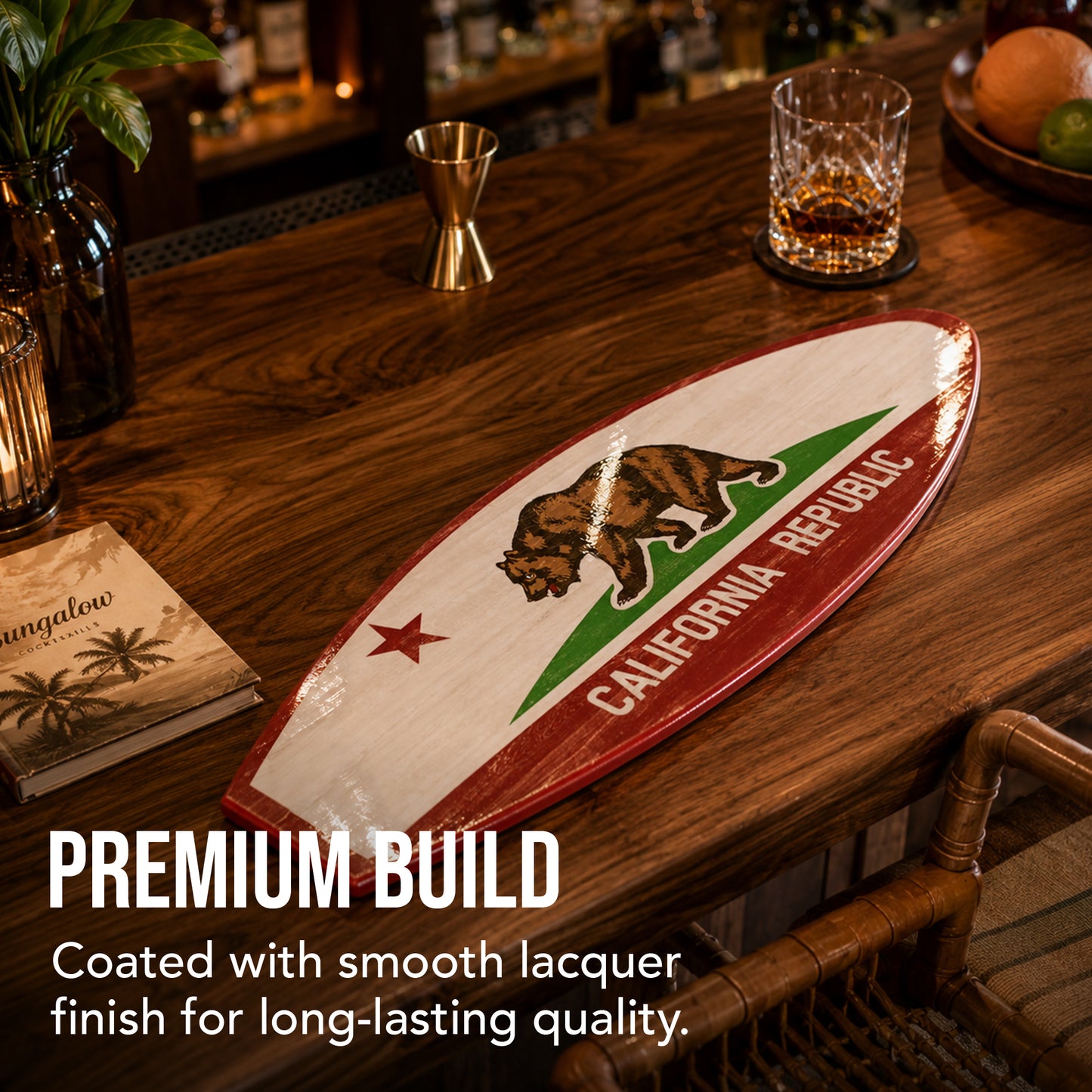 California Surfboard Plaque featuring the California Republic bear flag printed on a rustic wood-look MDF surfboard, ideal for coastal beach homes, lake houses, vacation rentals, patios, and surf-themed décor.