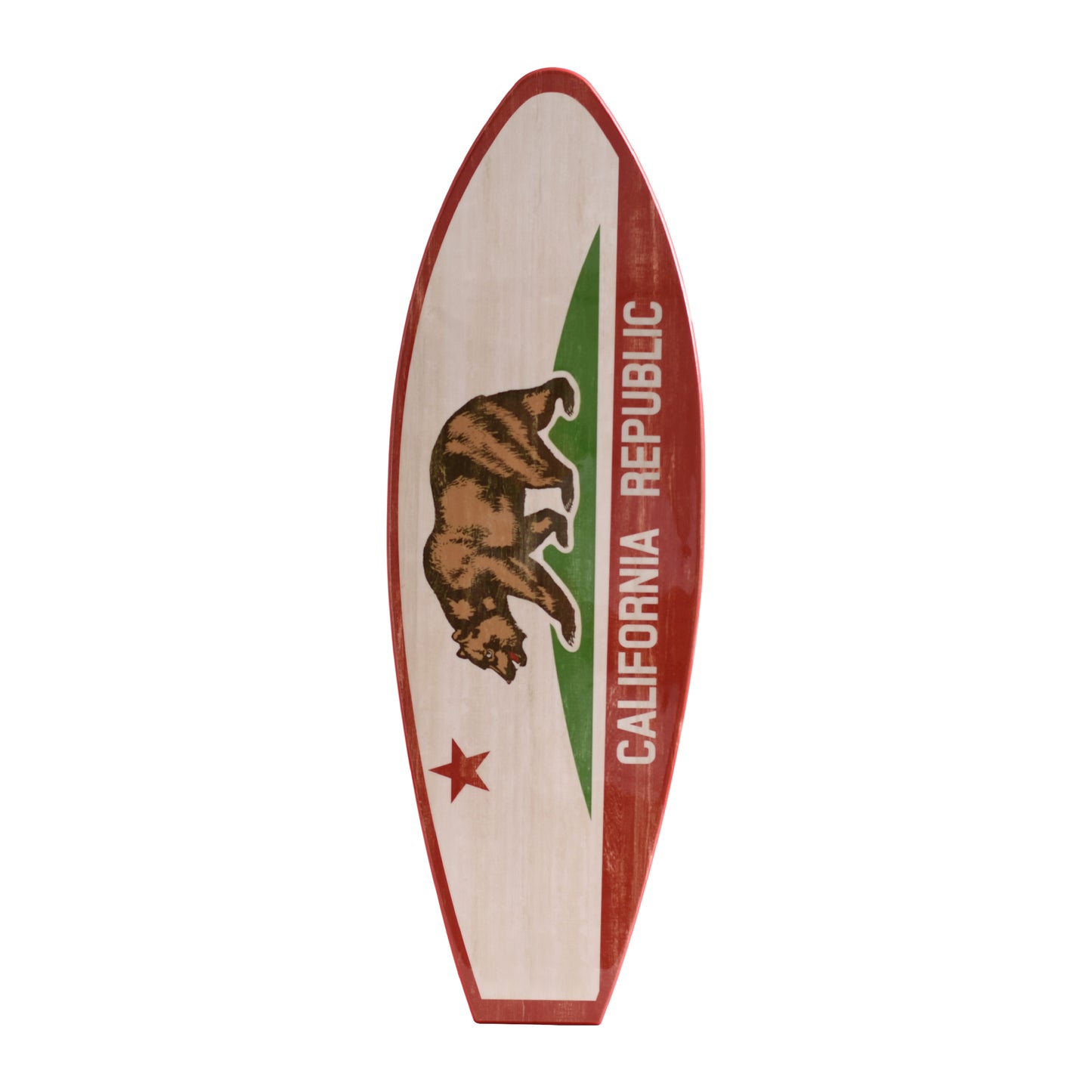 California Surfboard Plaque featuring the California Republic bear flag printed on a rustic wood-look MDF surfboard, ideal for coastal beach homes, lake houses, vacation rentals, patios, and surf-themed décor.