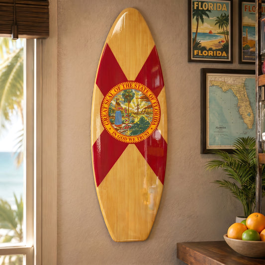 Florida Surfboard Plaque featuring the Florida state flag and official state seal on a rustic wood-look MDF surfboard, perfect for beach houses, coastal homes, lake houses, patios, and tropical décor.