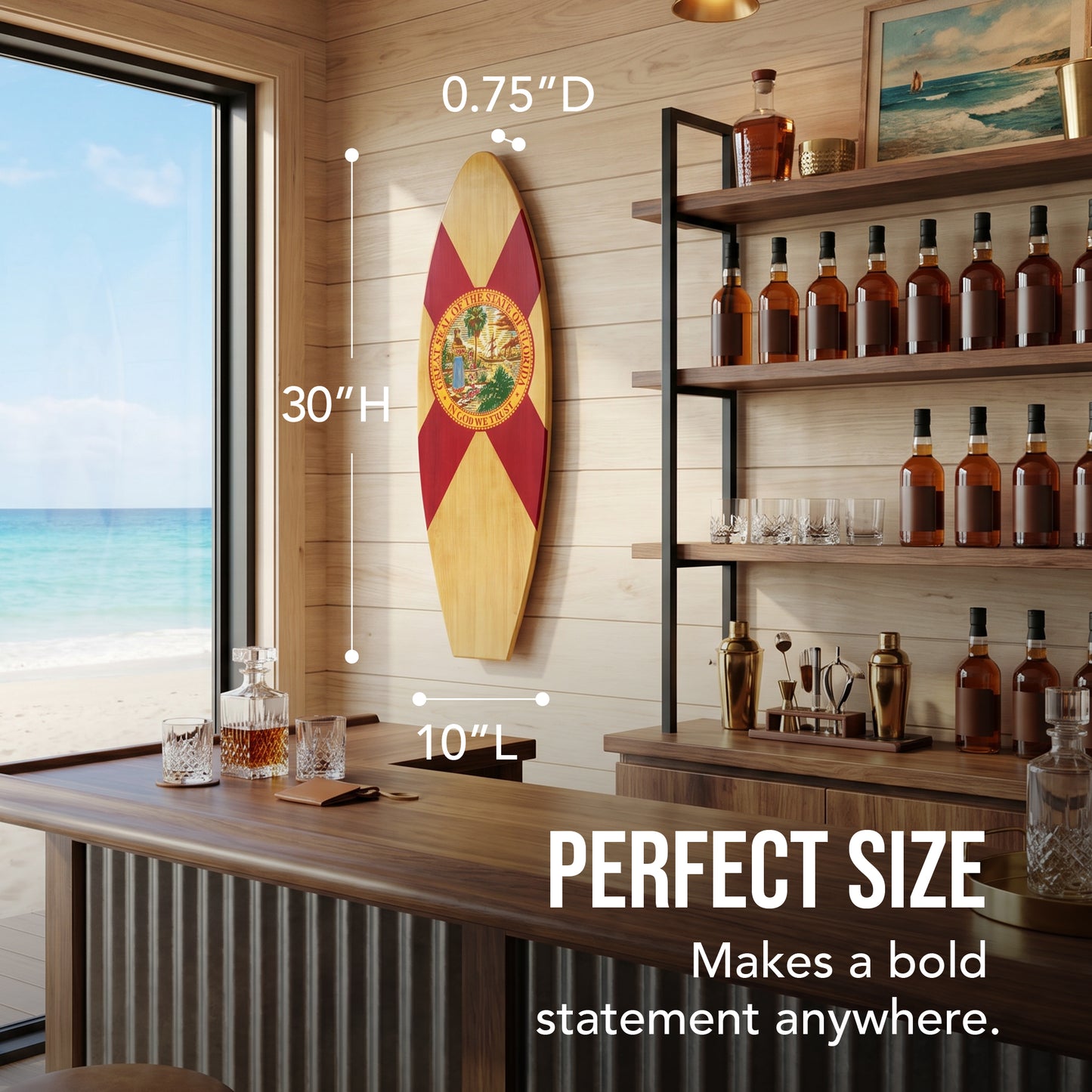 Florida Surfboard Plaque featuring the Florida state flag and official state seal on a rustic wood-look MDF surfboard, perfect for beach houses, coastal homes, lake houses, patios, and tropical décor.