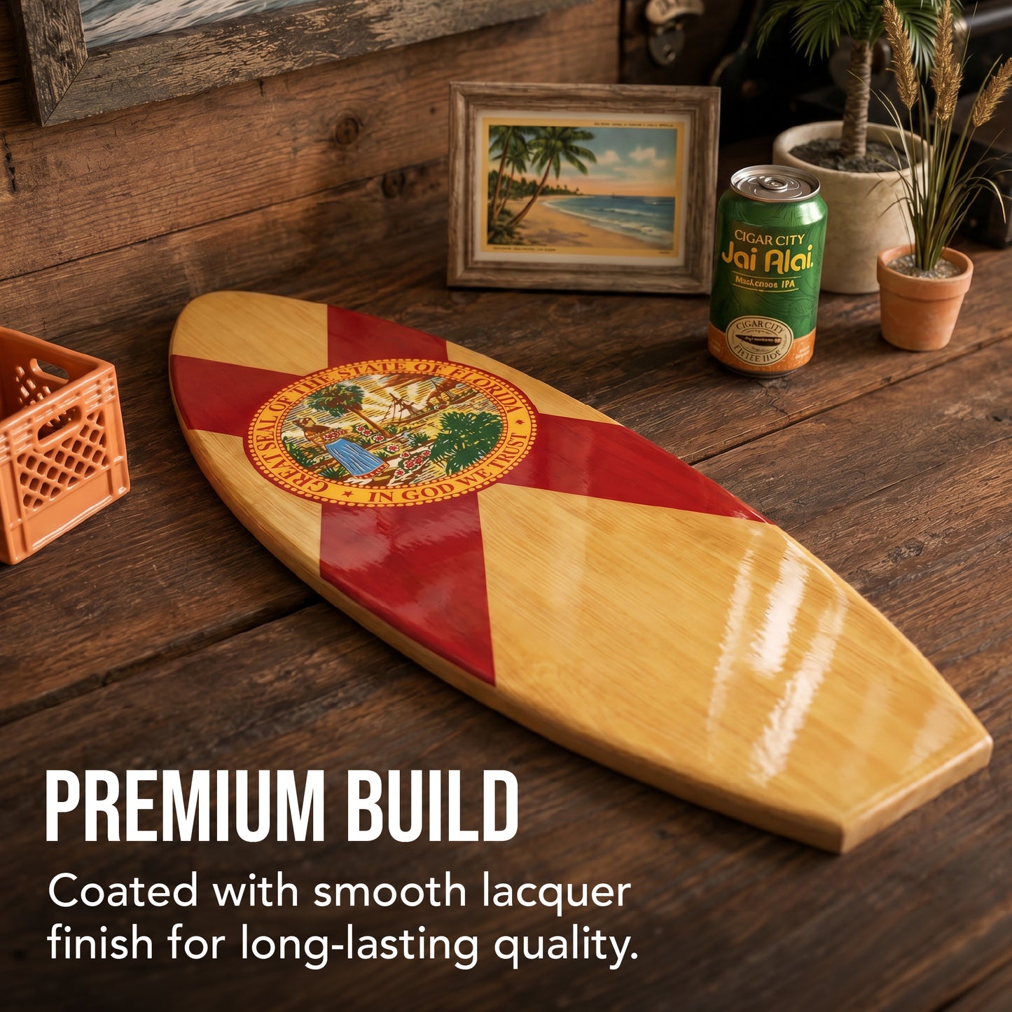 Florida Surfboard Plaque featuring the Florida state flag and official state seal on a rustic wood-look MDF surfboard, perfect for beach houses, coastal homes, lake houses, patios, and tropical décor.