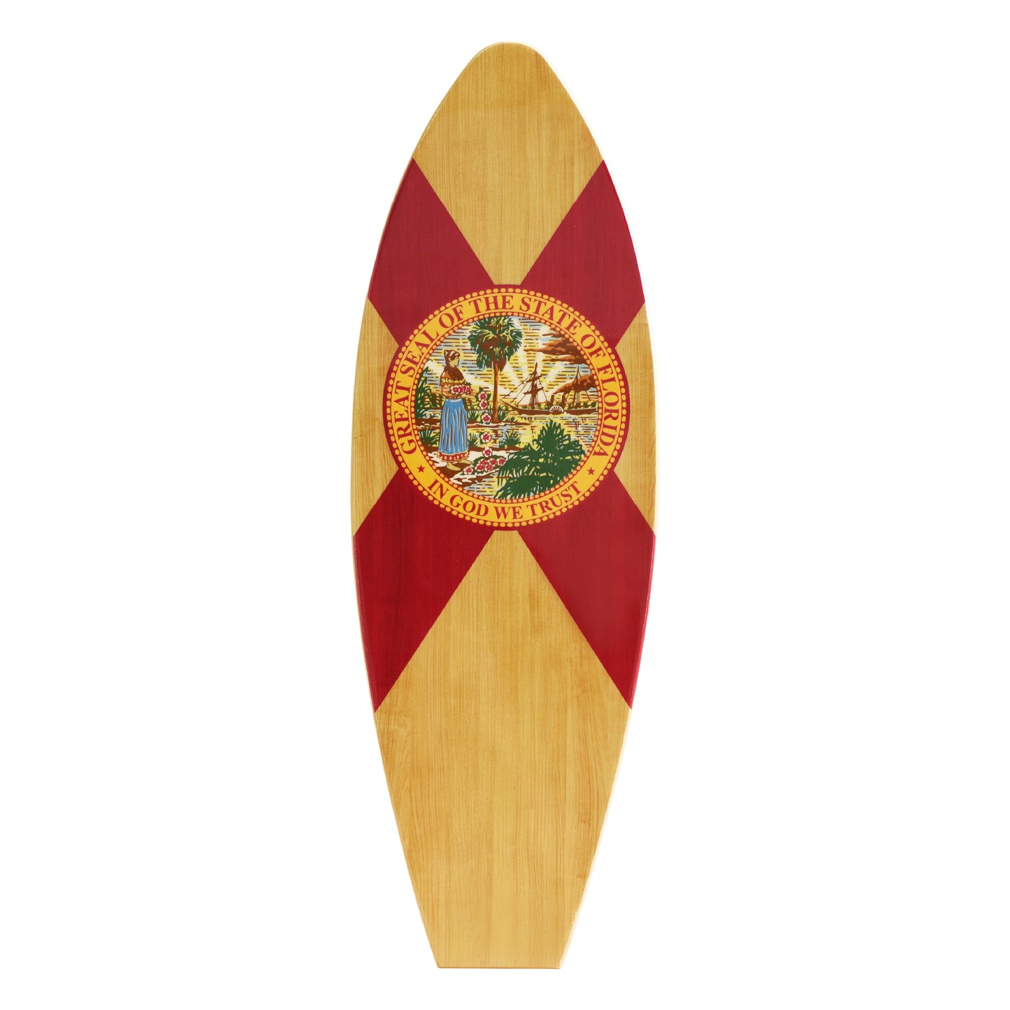 Florida Surfboard Plaque featuring the Florida state flag and official state seal on a rustic wood-look MDF surfboard, perfect for beach houses, coastal homes, lake houses, patios, and tropical décor.