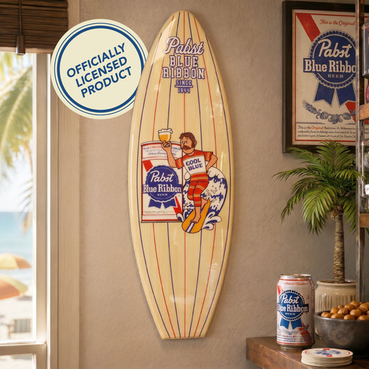 Officially licensed Pabst Blue Ribbon Surf Surfboard Plaque featuring a retro surfer, classic beer can, and vintage PBR artwork on a natural wood-look MDF surfboard for bars, man caves, and beach homes.