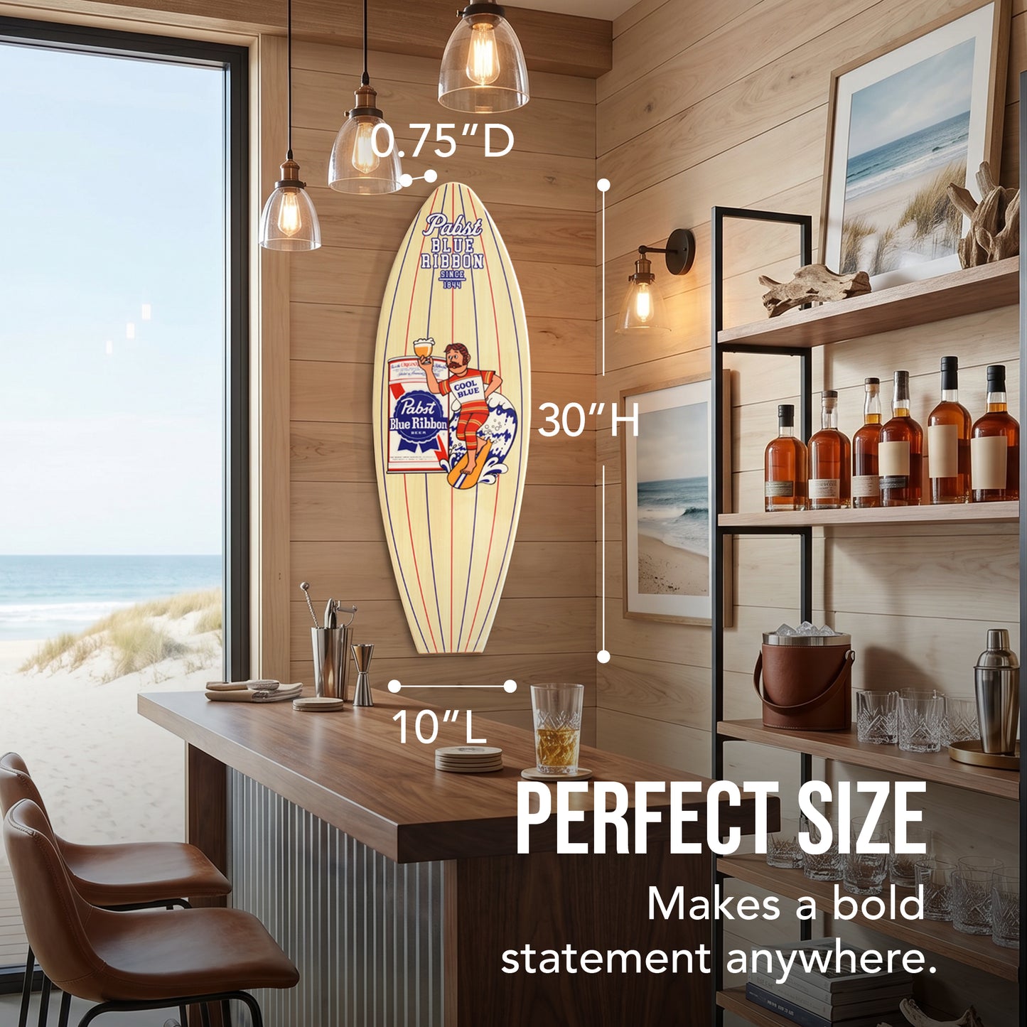 Officially licensed Pabst Blue Ribbon Surf Surfboard Plaque featuring a retro surfer, classic beer can, and vintage PBR artwork on a natural wood-look MDF surfboard for bars, man caves, and beach homes.