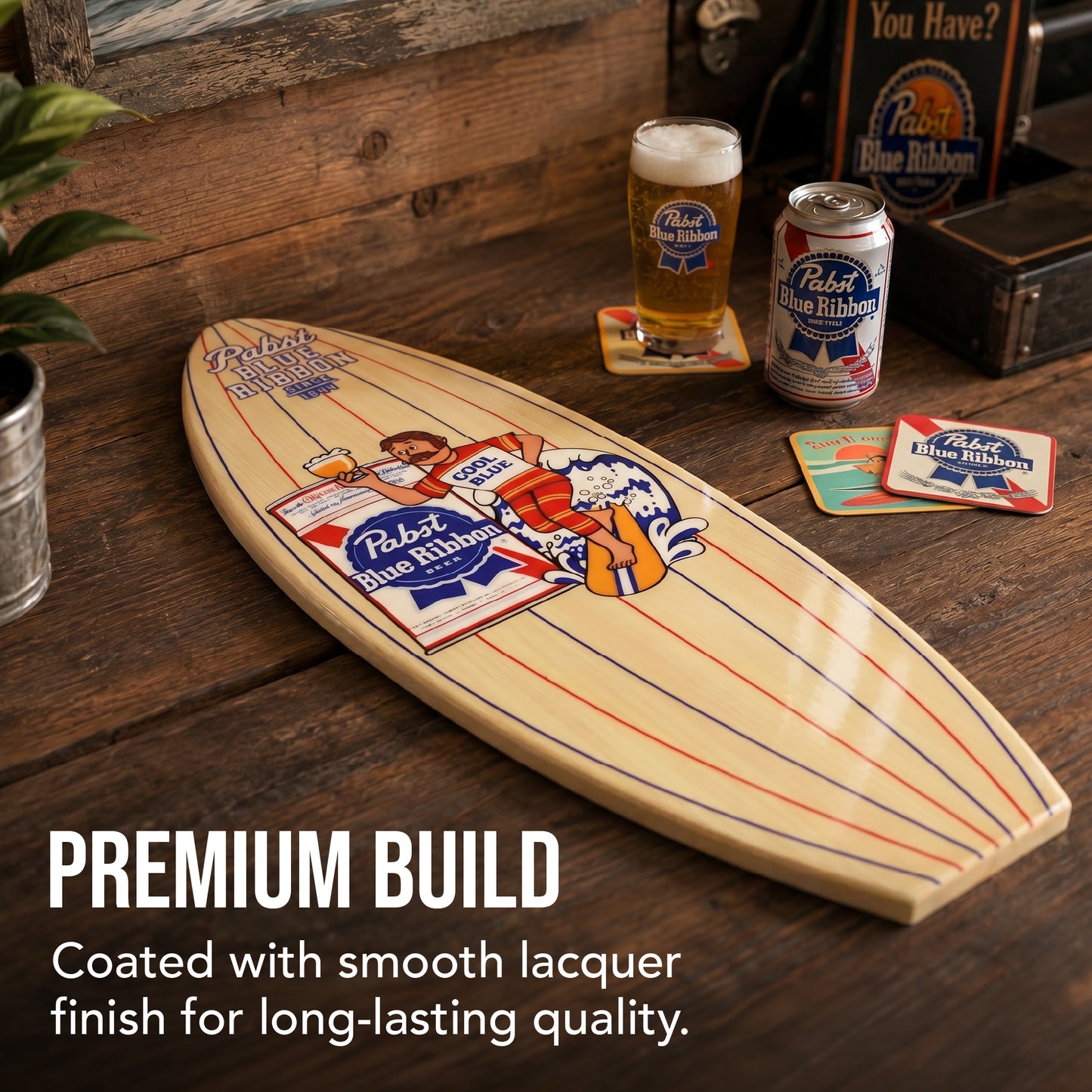 Officially licensed Pabst Blue Ribbon Surf Surfboard Plaque featuring a retro surfer, classic beer can, and vintage PBR artwork on a natural wood-look MDF surfboard for bars, man caves, and beach homes.