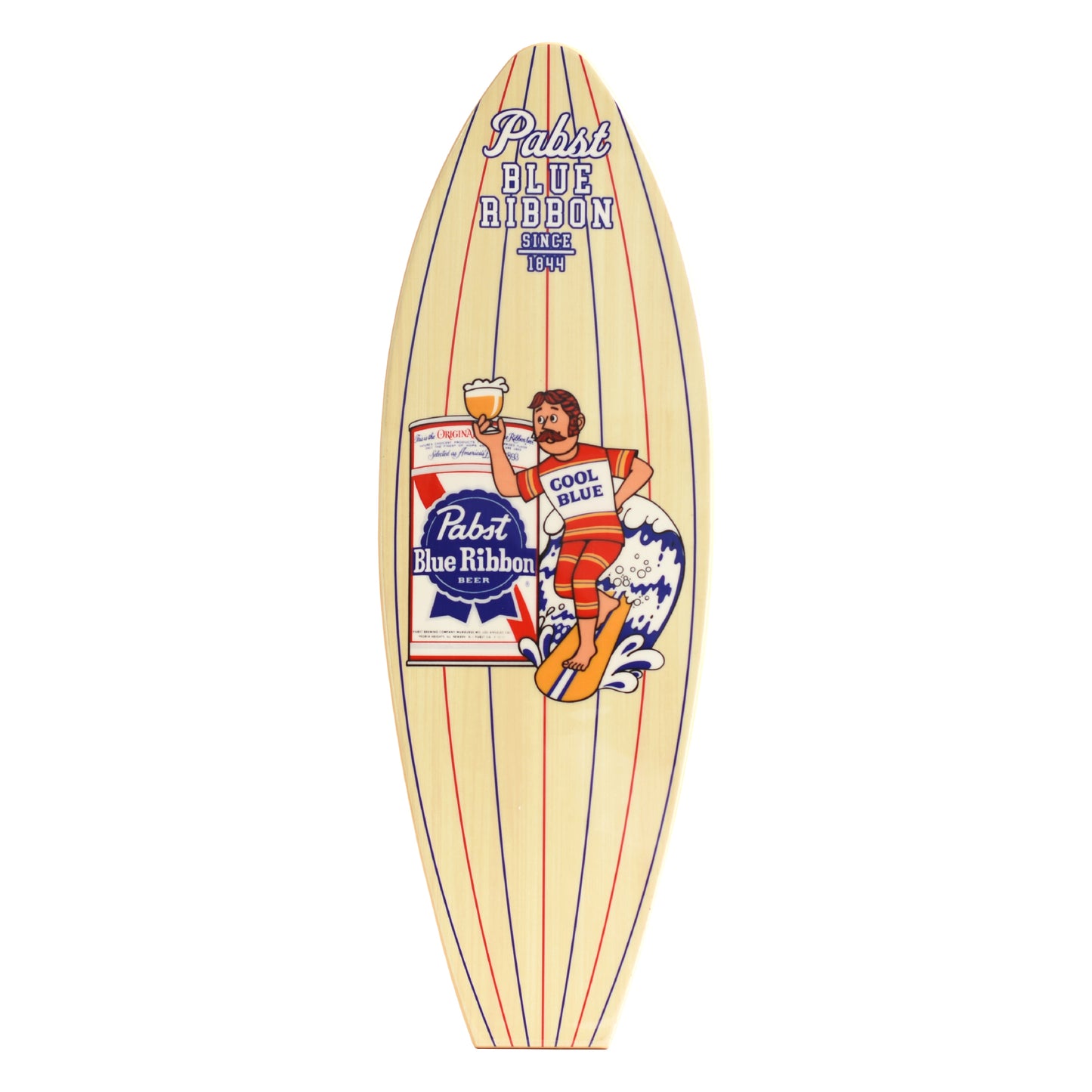 Officially licensed Pabst Blue Ribbon Surf Surfboard Plaque featuring a retro surfer, classic beer can, and vintage PBR artwork on a natural wood-look MDF surfboard for bars, man caves, and beach homes.