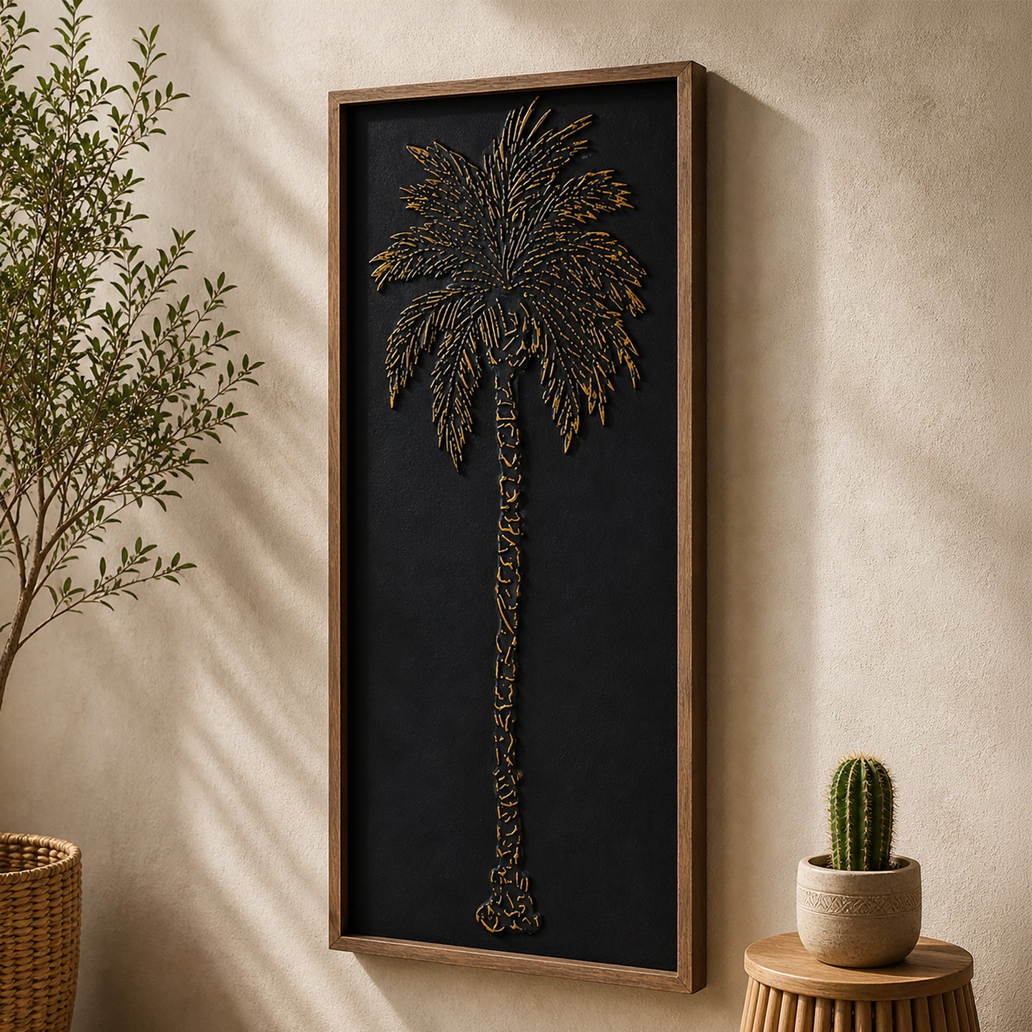 A tall black and gold embossed metal palm tree wall art with textured 3D detailing in a light wood frame, styled as coastal boho decor for living room, bathroom, or bedroom walls.