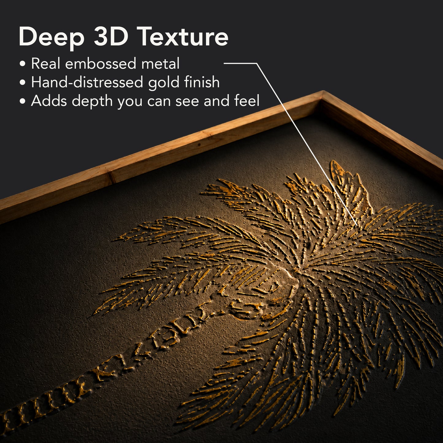 A tall black and gold embossed metal palm tree wall art with textured 3D detailing in a light wood frame, styled as coastal boho decor for living room, bathroom, or bedroom walls.