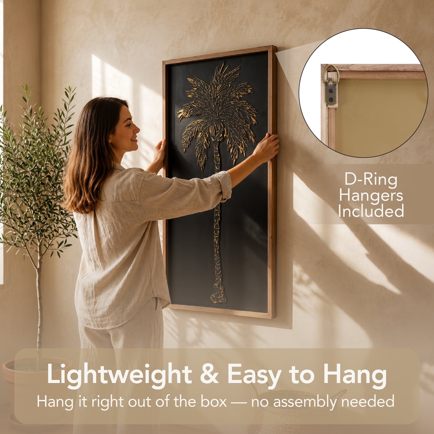 A tall black and gold embossed metal palm tree wall art with textured 3D detailing in a light wood frame, styled as coastal boho decor for living room, bathroom, or bedroom walls.