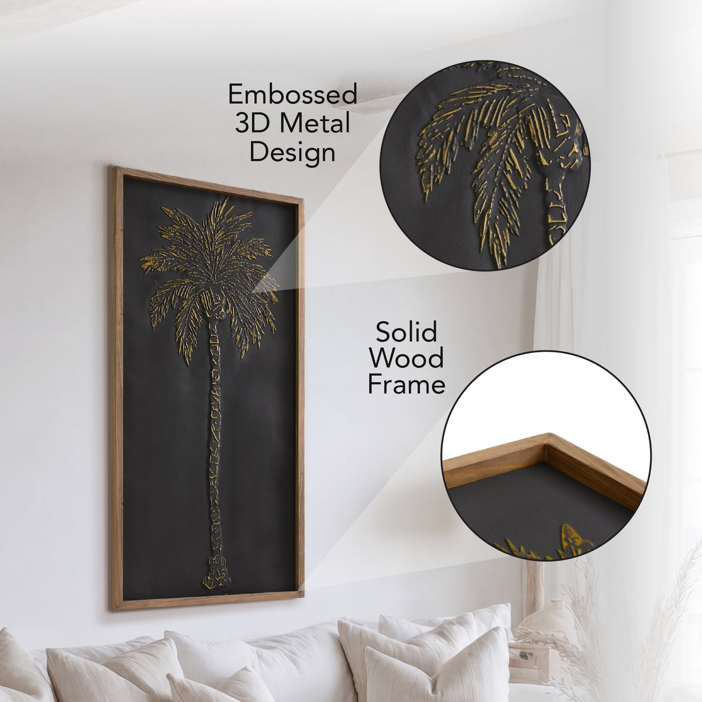 A tall black and gold embossed metal palm tree wall art with textured 3D detailing in a light wood frame, styled as coastal boho decor for living room, bathroom, or bedroom walls.