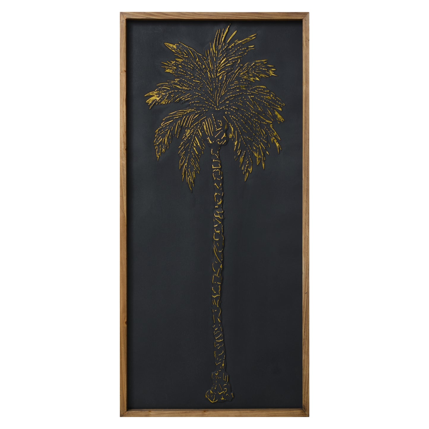 A tall black and gold embossed metal palm tree wall art with textured 3D detailing in a light wood frame, styled as coastal boho decor for living room, bathroom, or bedroom walls.