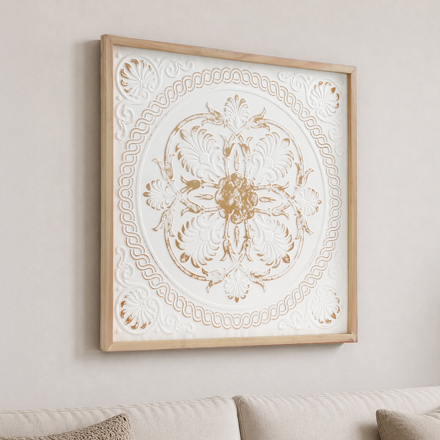 White and gold embossed metal medallion wall art with intricate 3D detailing in a warm wood frame, styled as luxury boho farmhouse decor for living room or bedroom walls.