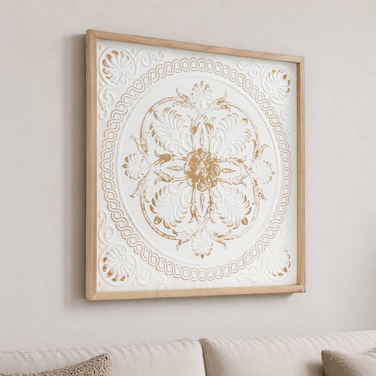 White and gold embossed metal medallion wall art with intricate 3D detailing in a warm wood frame, styled as luxury boho farmhouse decor for living room or bedroom walls.