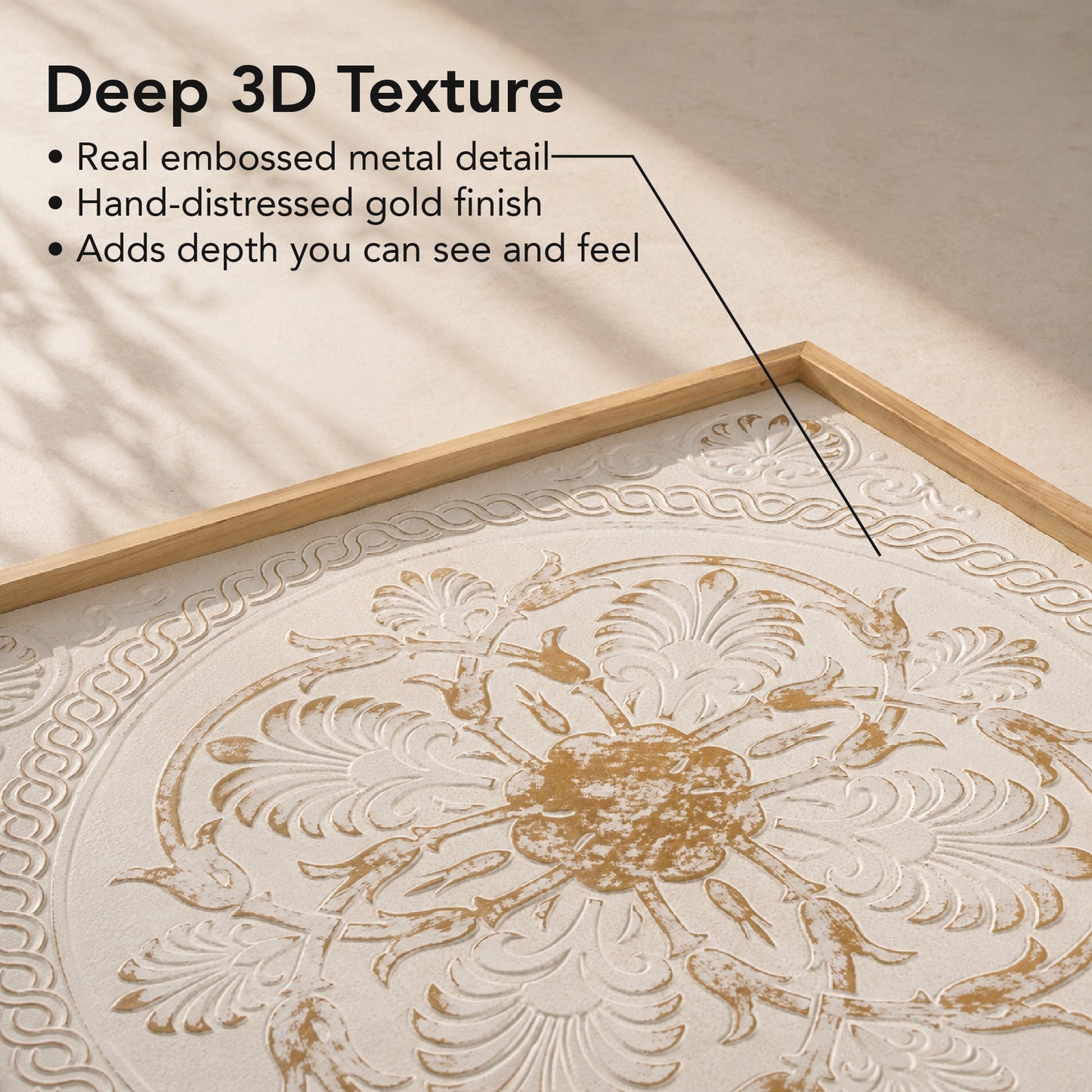 White and gold embossed metal medallion wall art with intricate 3D detailing in a warm wood frame, styled as luxury boho farmhouse decor for living room or bedroom walls.