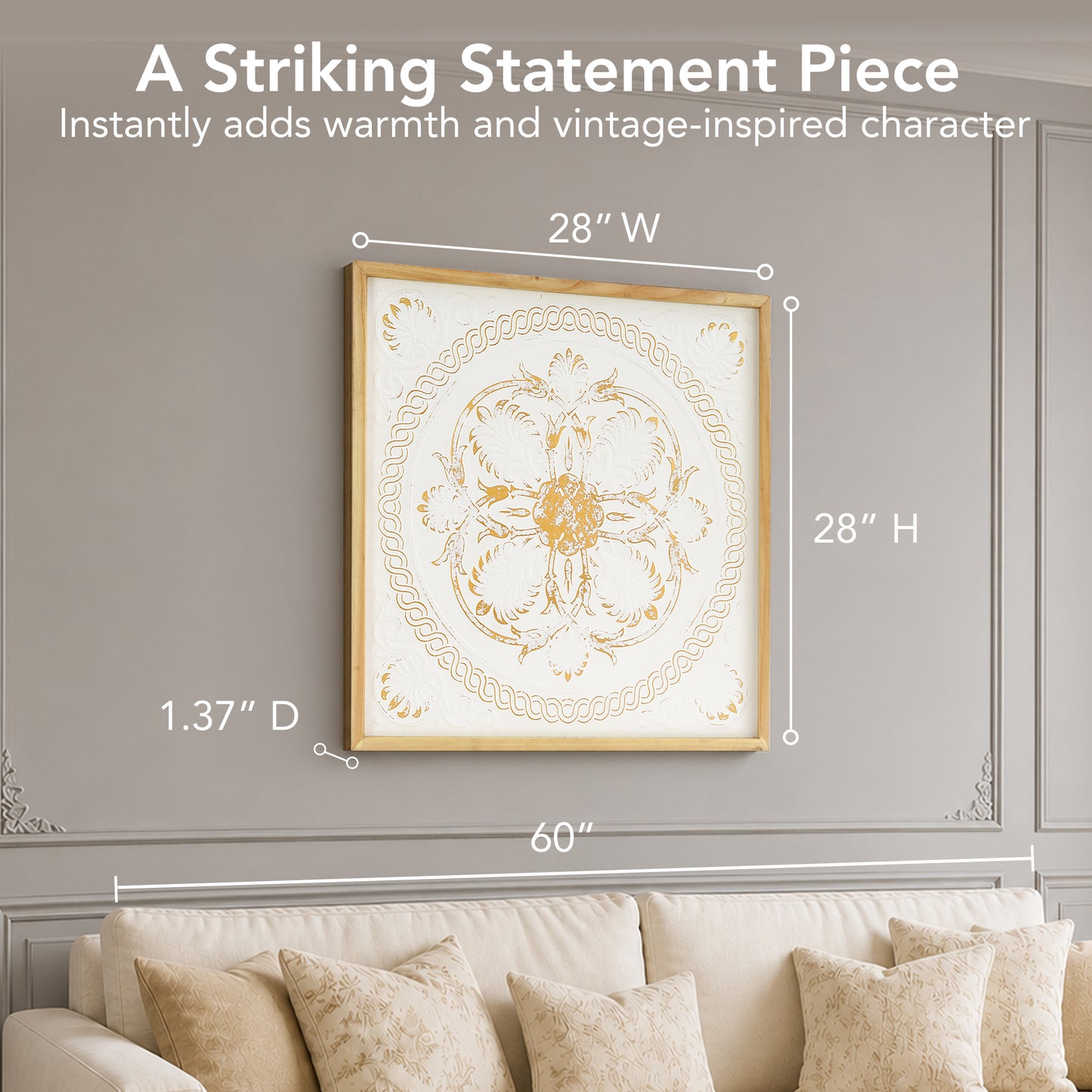 White and gold embossed metal medallion wall art with intricate 3D detailing in a warm wood frame, styled as luxury boho farmhouse decor for living room or bedroom walls.