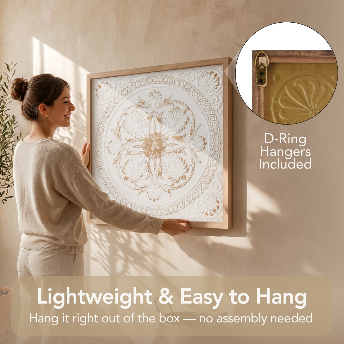 White and gold embossed metal medallion wall art with intricate 3D detailing in a warm wood frame, styled as luxury boho farmhouse decor for living room or bedroom walls.