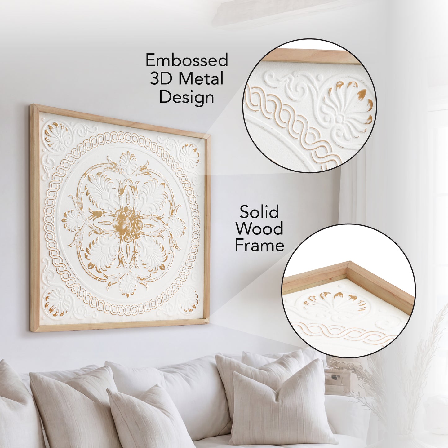 White and gold embossed metal medallion wall art with intricate 3D detailing in a warm wood frame, styled as luxury boho farmhouse decor for living room or bedroom walls.