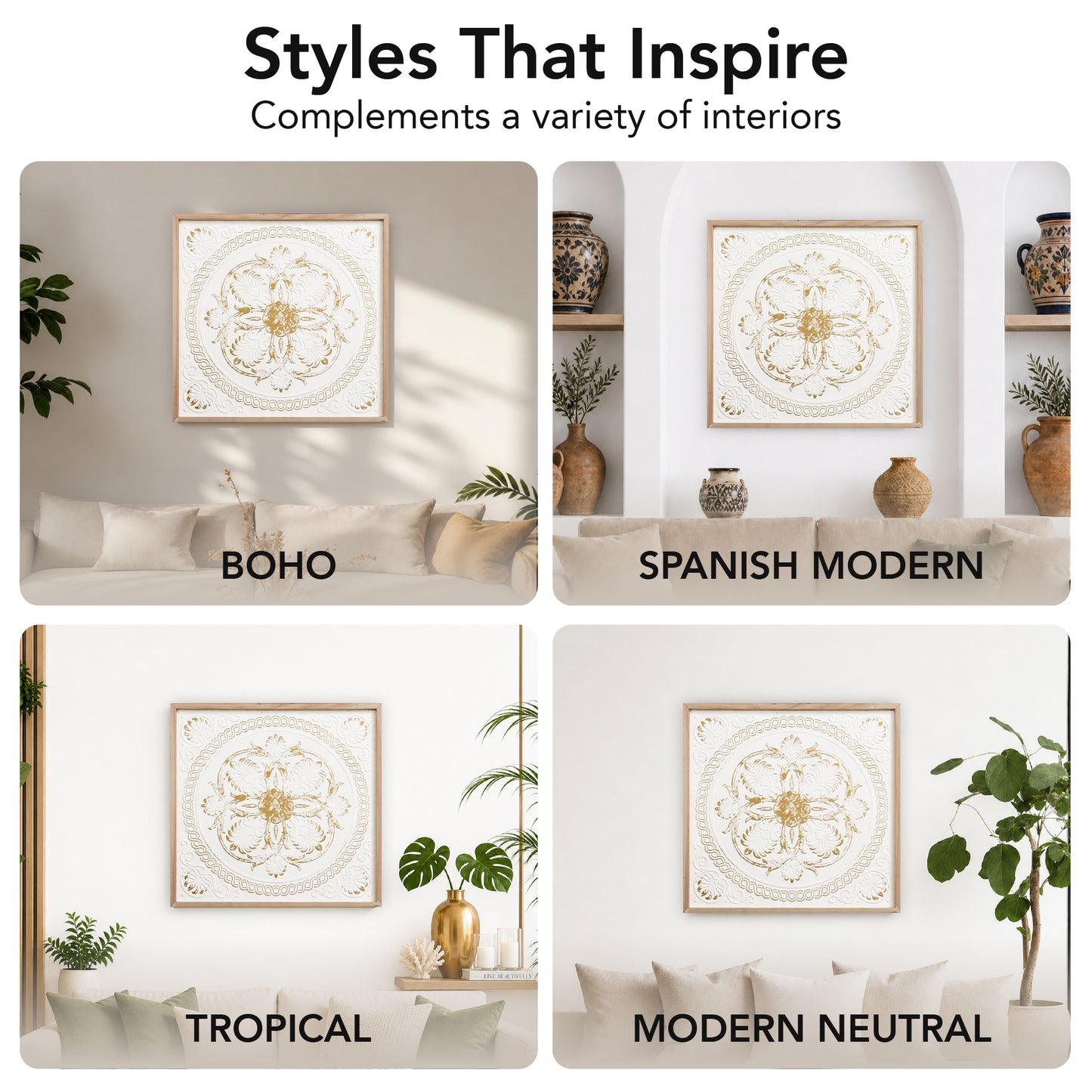 White and gold embossed metal medallion wall art with intricate 3D detailing in a warm wood frame, styled as luxury boho farmhouse decor for living room or bedroom walls.