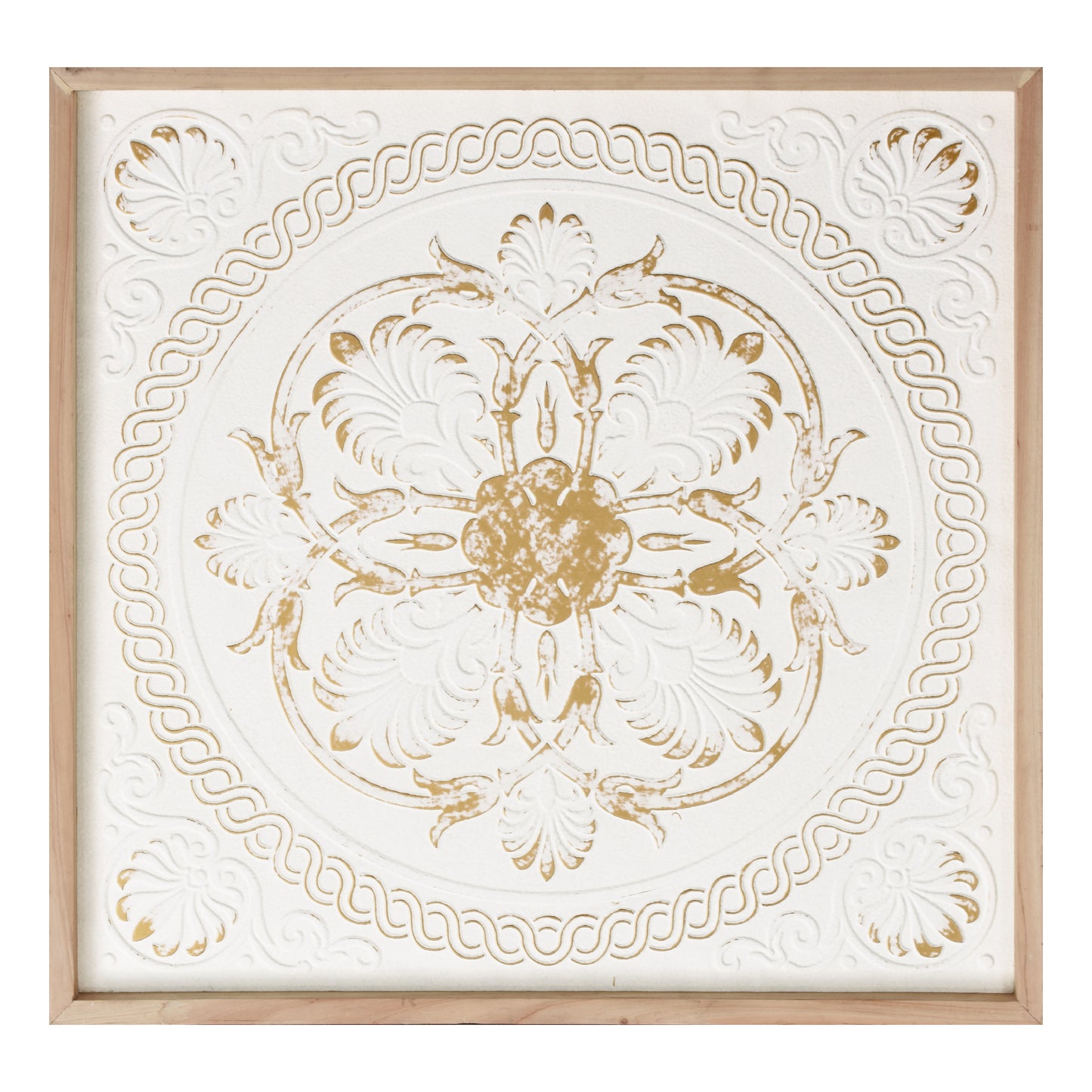 White and gold embossed metal medallion wall art with intricate 3D detailing in a warm wood frame, styled as luxury boho farmhouse decor for living room or bedroom walls.