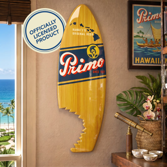 Officially licensed Primo Hawaiian Surfboard Plaque featuring Hawaii's Original Beer artwork on a natural wood-look MDF surfboard, perfect for tiki bars, beach houses, coastal homes, patios, and island décor.
