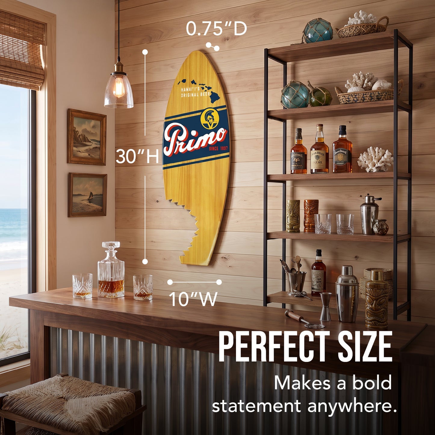Officially licensed Primo Hawaiian Surfboard Plaque featuring Hawaii's Original Beer artwork on a natural wood-look MDF surfboard, perfect for tiki bars, beach houses, coastal homes, patios, and island décor.