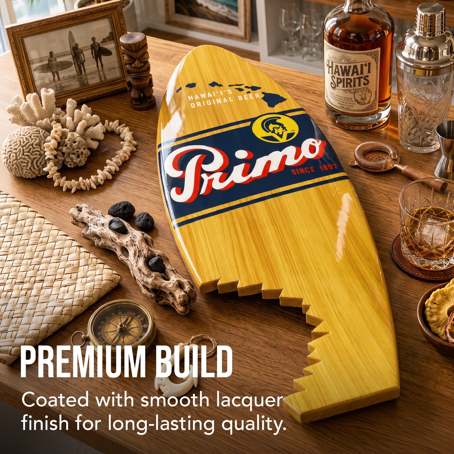 Officially licensed Primo Hawaiian Surfboard Plaque featuring Hawaii's Original Beer artwork on a natural wood-look MDF surfboard, perfect for tiki bars, beach houses, coastal homes, patios, and island décor.