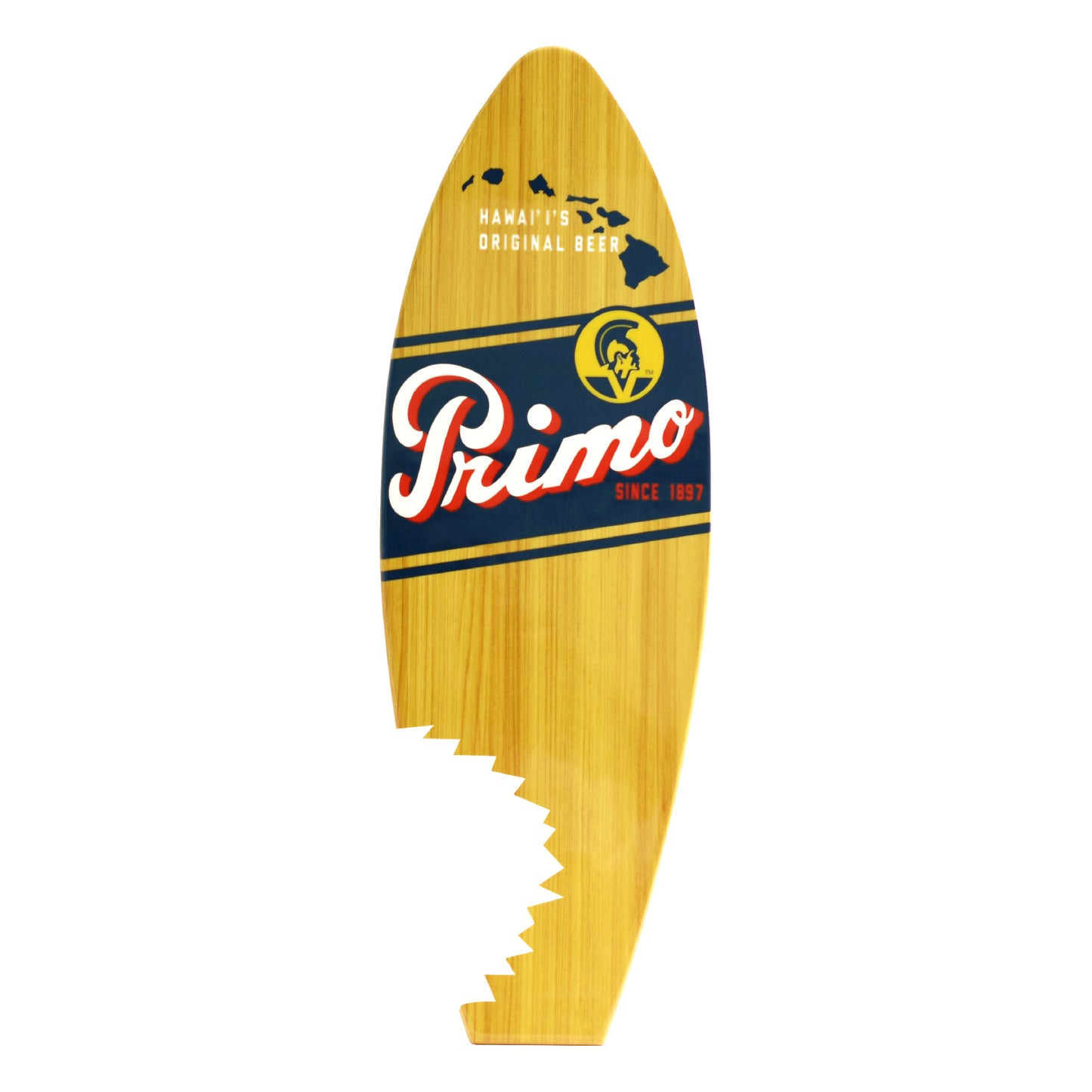 Officially licensed Primo Hawaiian Surfboard Plaque featuring Hawaii's Original Beer artwork on a natural wood-look MDF surfboard, perfect for tiki bars, beach houses, coastal homes, patios, and island décor.