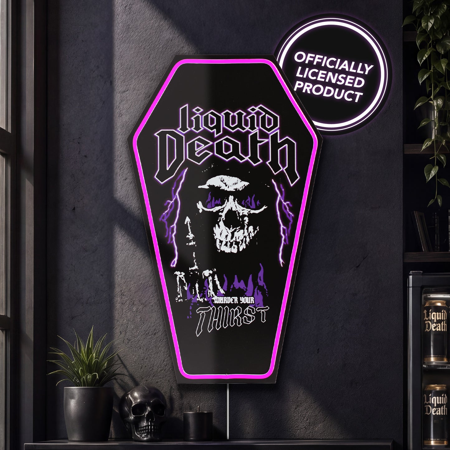Officially licensed Liquid Death Murder Your Thirst skull coffin shaped LED wall plaque with purple neon border, gothic MDF wall decor for man cave, game room or bar.