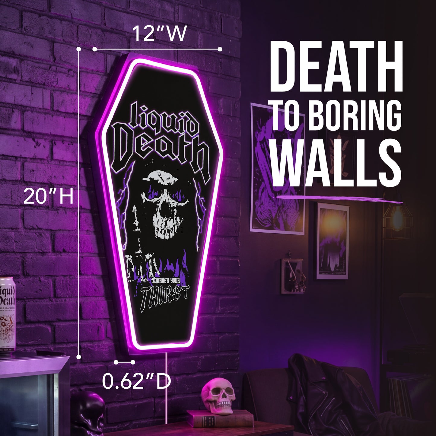 Officially licensed Liquid Death Murder Your Thirst skull coffin shaped LED wall plaque with purple neon border, gothic MDF wall decor for man cave, game room or bar.