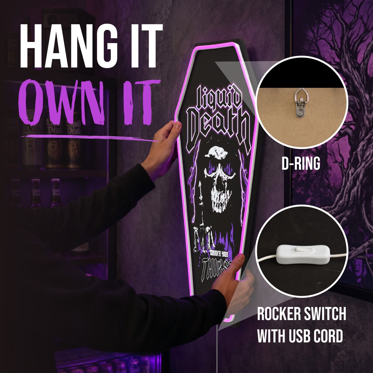 Officially licensed Liquid Death Murder Your Thirst skull coffin shaped LED wall plaque with purple neon border, gothic MDF wall decor for man cave, game room or bar.
