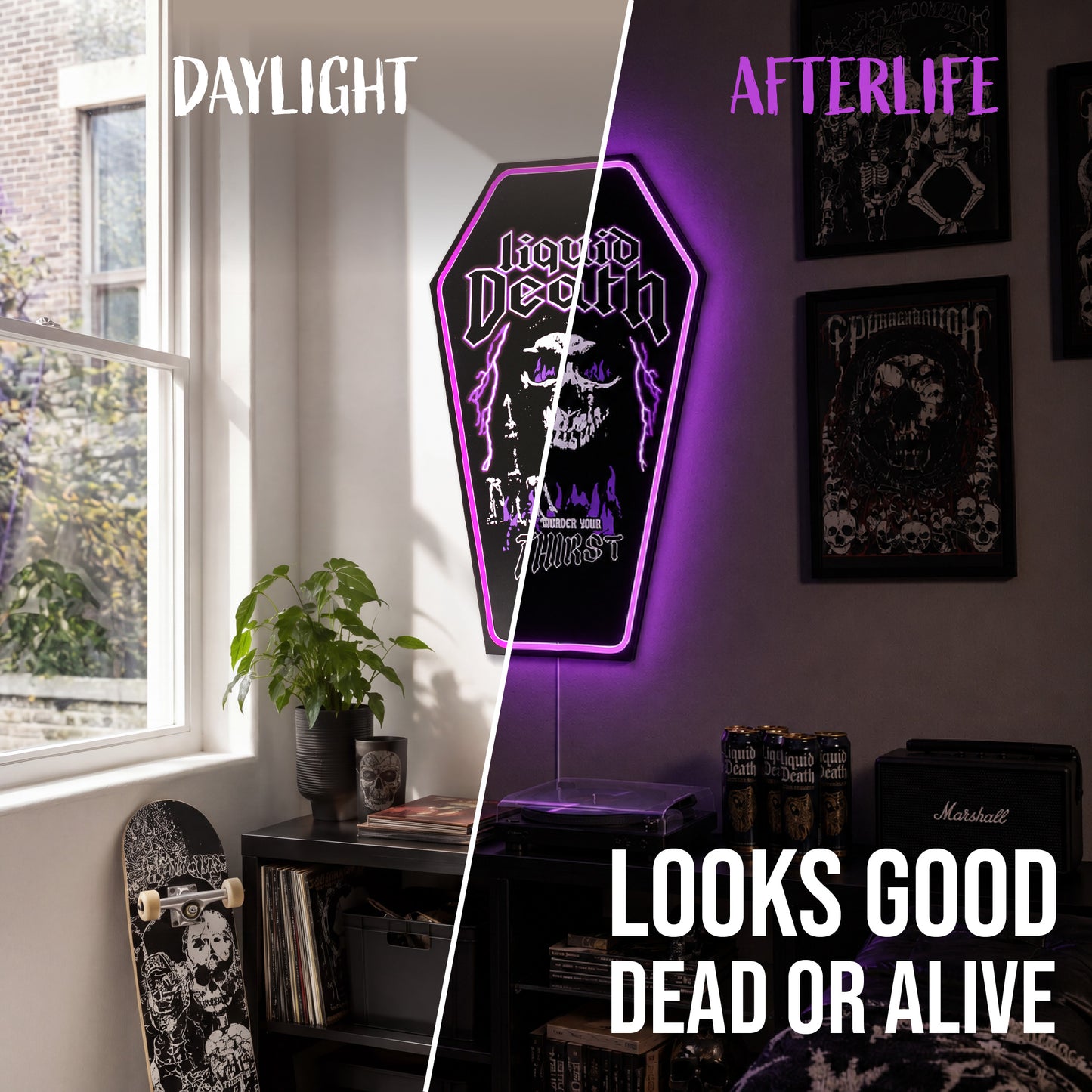 Officially licensed Liquid Death Murder Your Thirst skull coffin shaped LED wall plaque with purple neon border, gothic MDF wall decor for man cave, game room or bar.