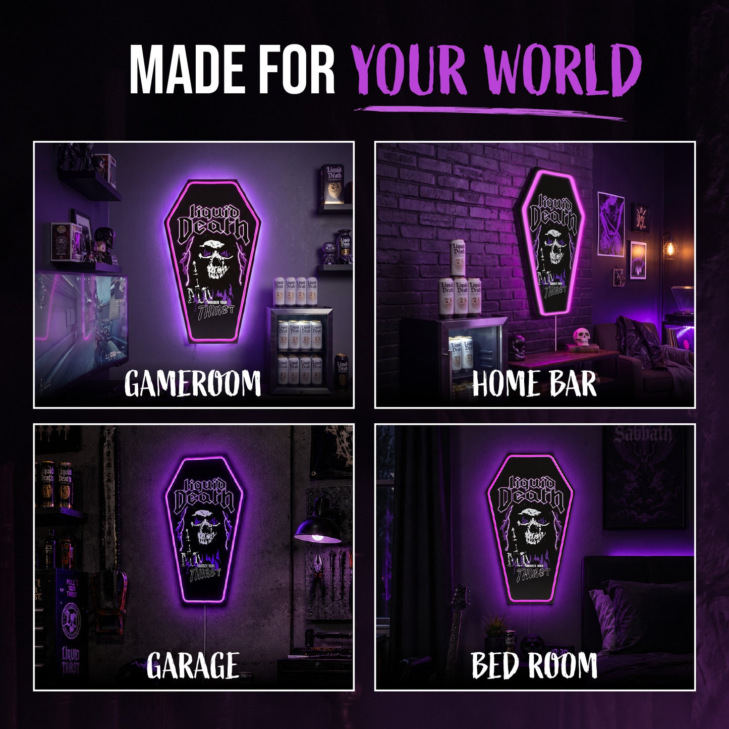 Officially licensed Liquid Death Murder Your Thirst skull coffin shaped LED wall plaque with purple neon border, gothic MDF wall decor for man cave, game room or bar.