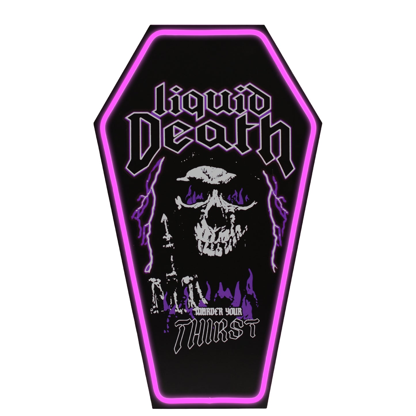 Officially licensed Liquid Death Murder Your Thirst skull coffin shaped LED wall plaque with purple neon border, gothic MDF wall decor for man cave, game room or bar.