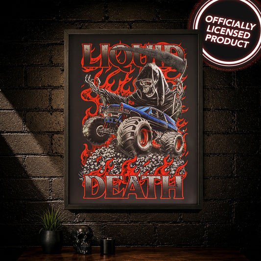Officially licensed Liquid Death Monster Death Reaper framed embossed 3D wall art featuring a Grim Reaper above a lifted monster truck with flames and skulls in a black framed vertical design.