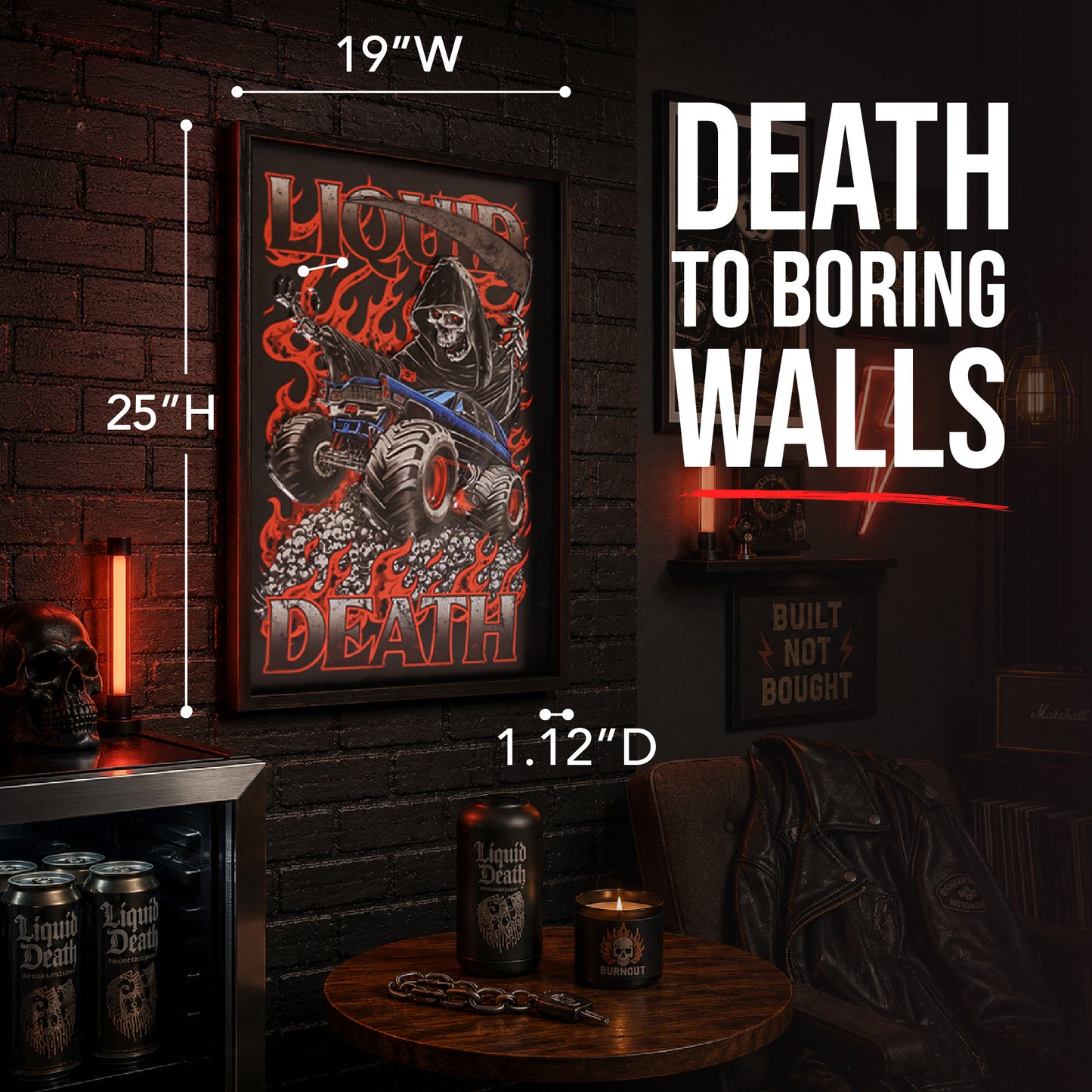 Officially licensed Liquid Death Monster Death Reaper framed embossed 3D wall art featuring a Grim Reaper above a lifted monster truck with flames and skulls in a black framed vertical design.
