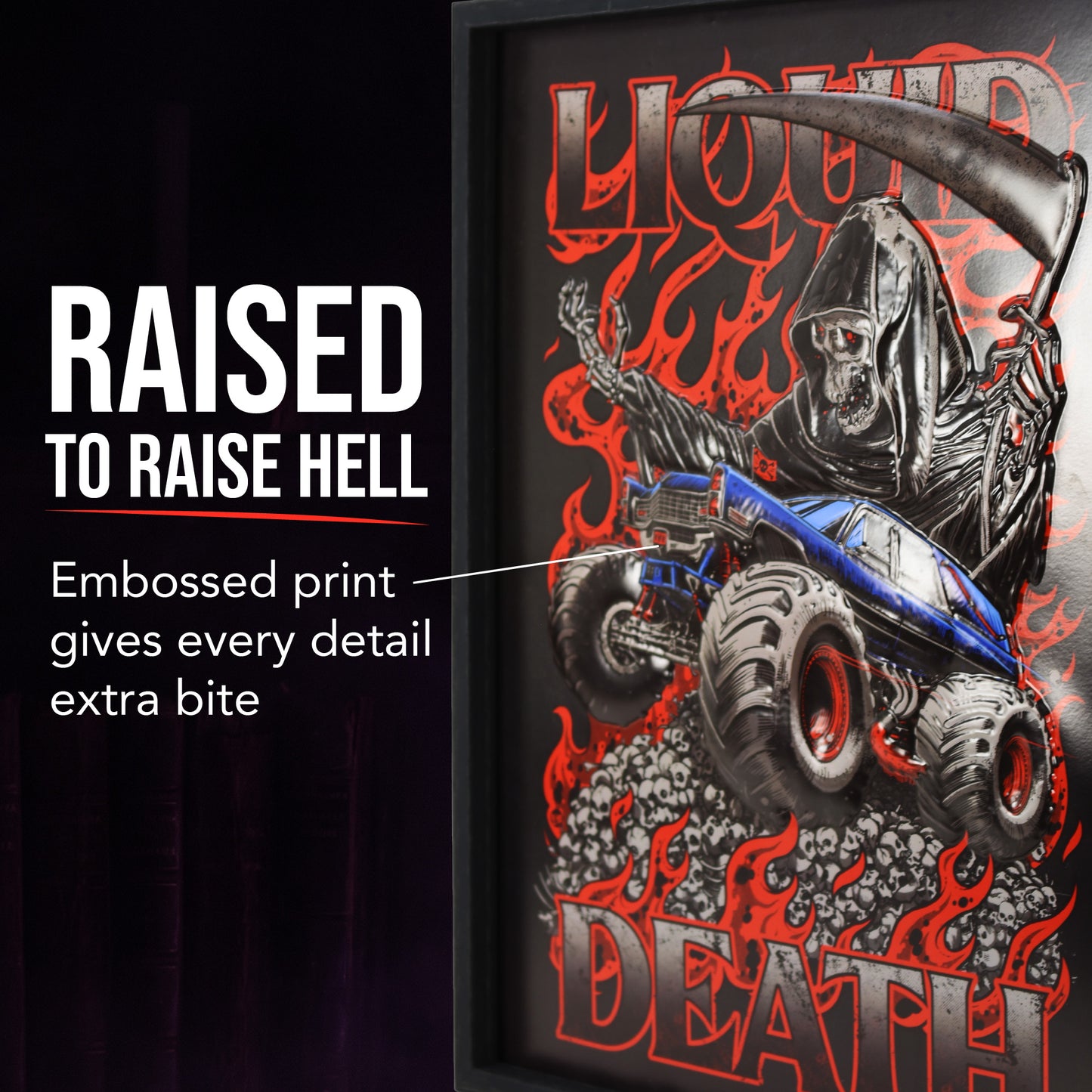 Officially licensed Liquid Death Monster Death Reaper framed embossed 3D wall art featuring a Grim Reaper above a lifted monster truck with flames and skulls in a black framed vertical design.