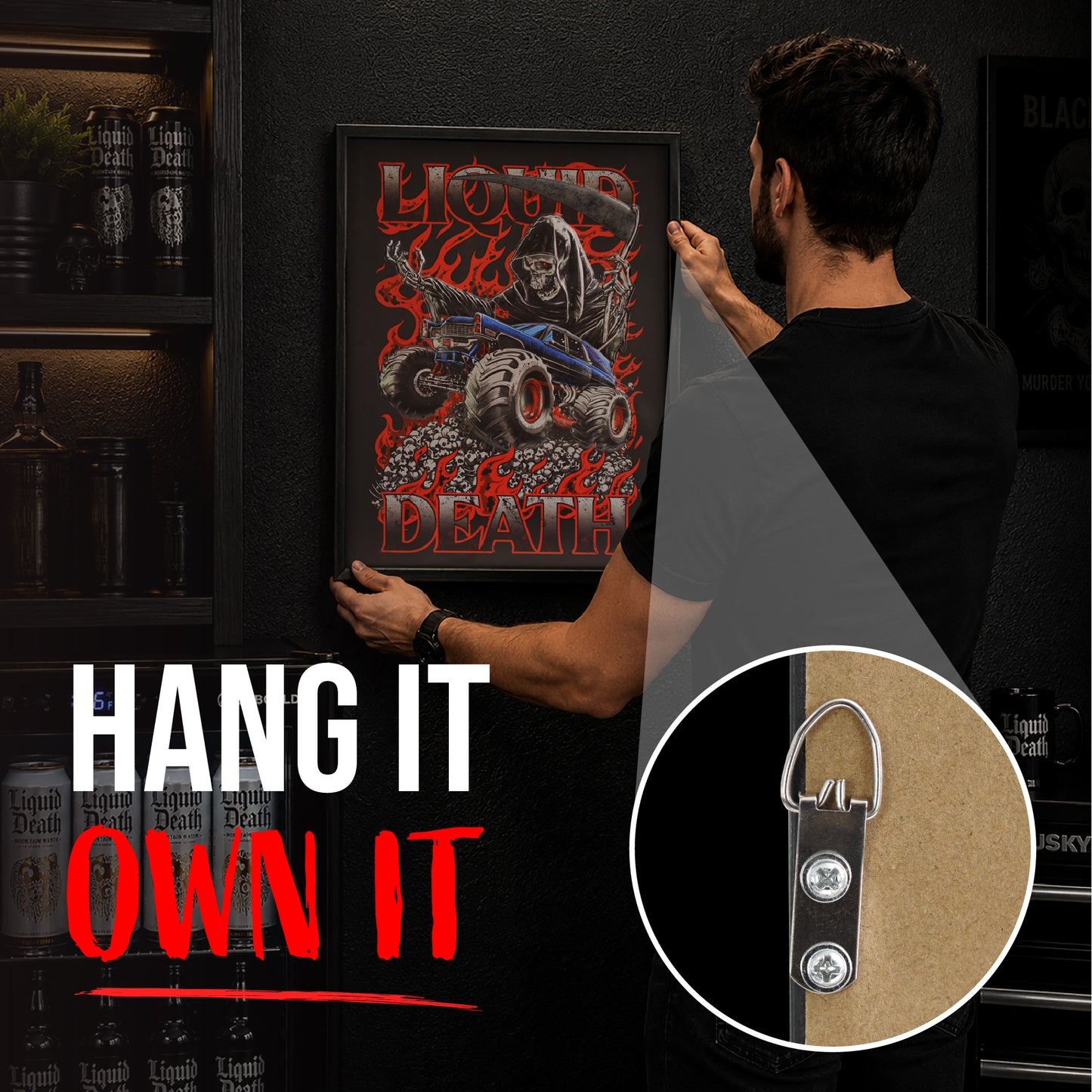 Officially licensed Liquid Death Monster Death Reaper framed embossed 3D wall art featuring a Grim Reaper above a lifted monster truck with flames and skulls in a black framed vertical design.