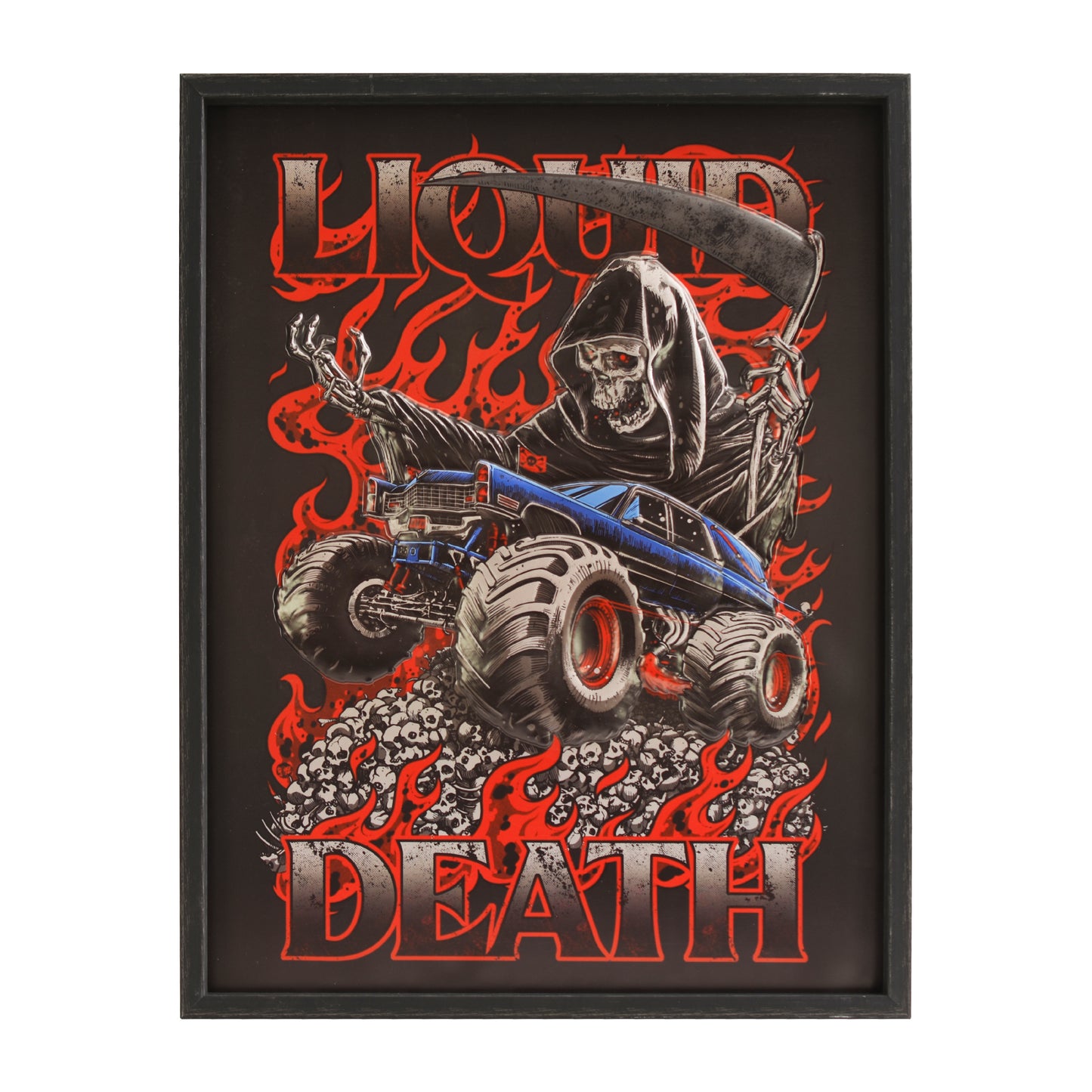 Officially licensed Liquid Death Monster Death Reaper framed embossed 3D wall art featuring a Grim Reaper above a lifted monster truck with flames and skulls in a black framed vertical design.