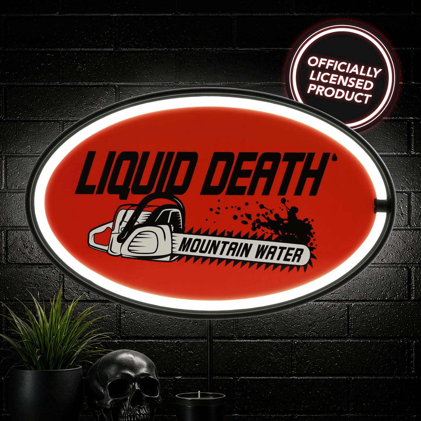 Officially licensed Liquid Death Chain Saw Mountain Water oval LED neon rope wall sign featuring a bright orange background, chainsaw logo, white LED border and black ABS frame for home bars.
