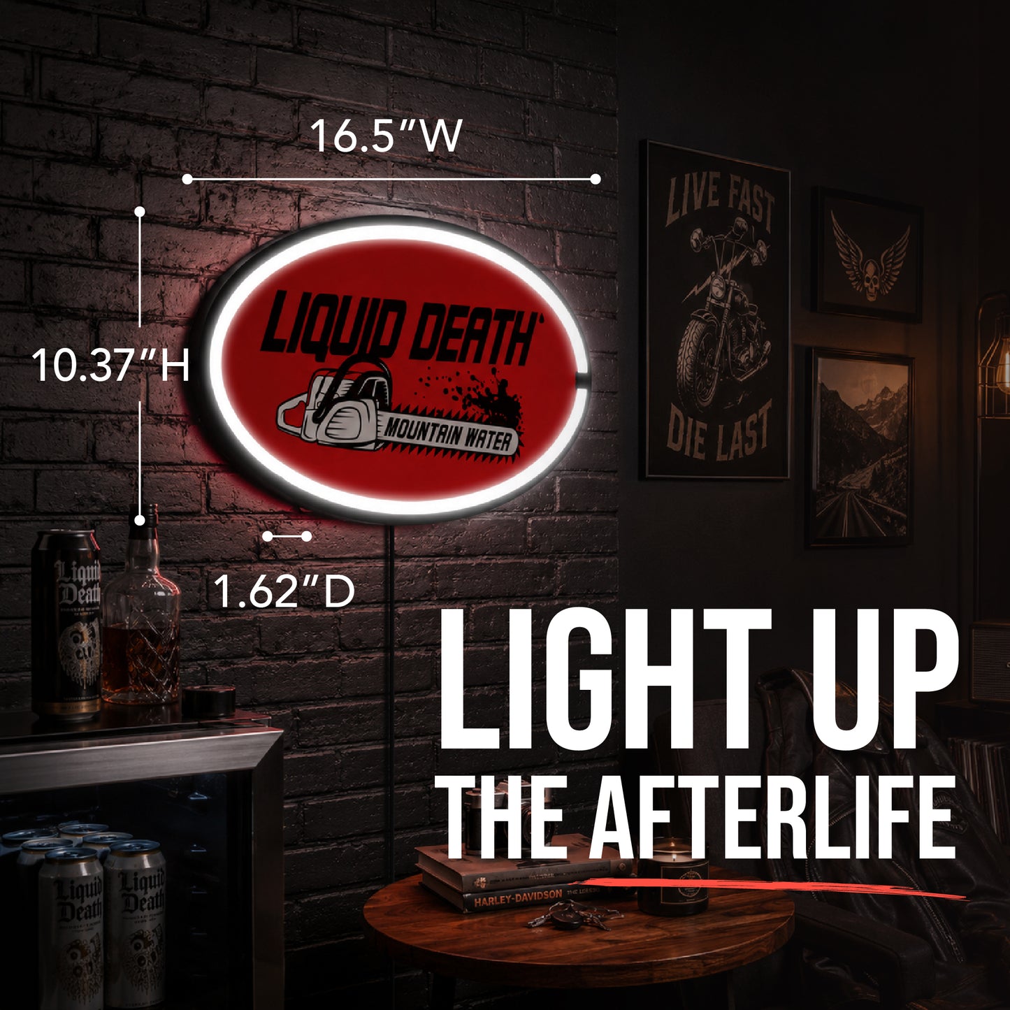 Officially licensed Liquid Death Chain Saw Mountain Water oval LED neon rope wall sign featuring a bright orange background, chainsaw logo, white LED border and black ABS frame for home bars.