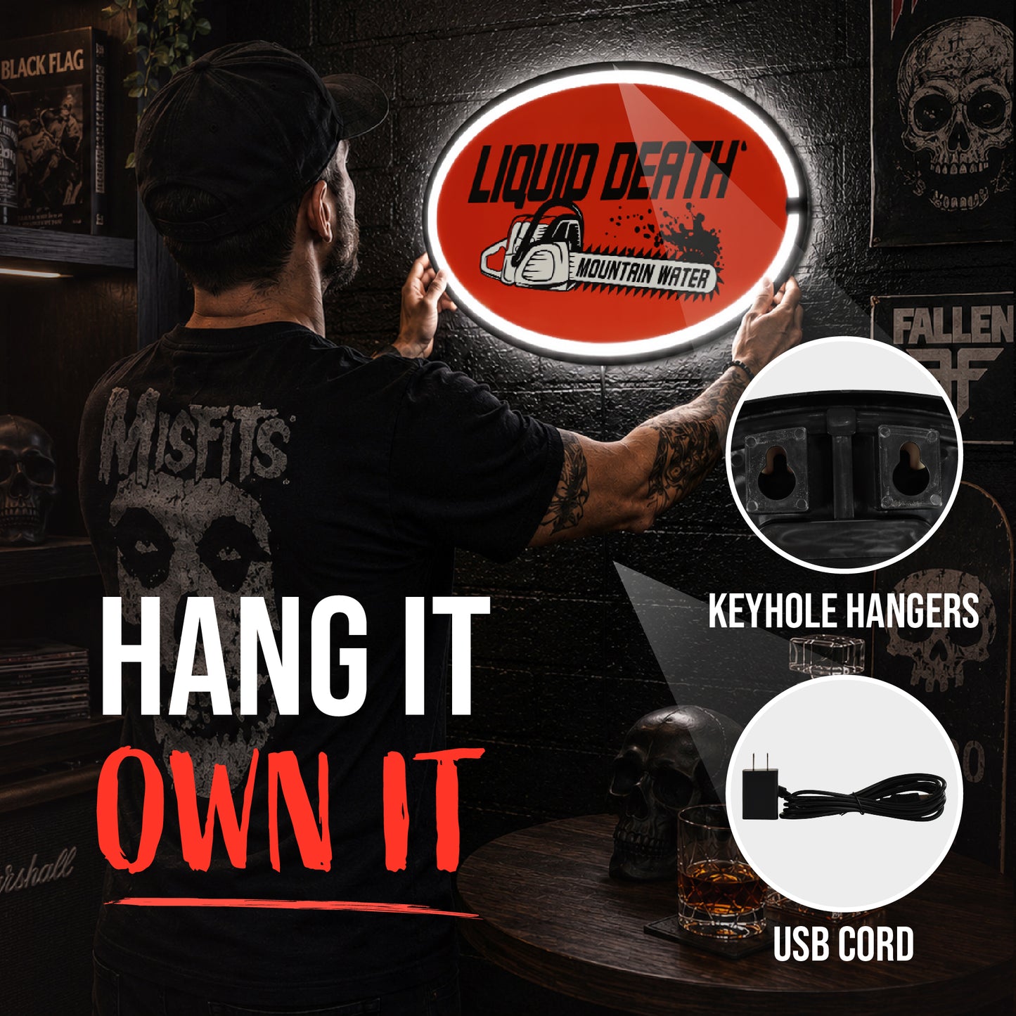 Officially licensed Liquid Death Chain Saw Mountain Water oval LED neon rope wall sign featuring a bright orange background, chainsaw logo, white LED border and black ABS frame for home bars.