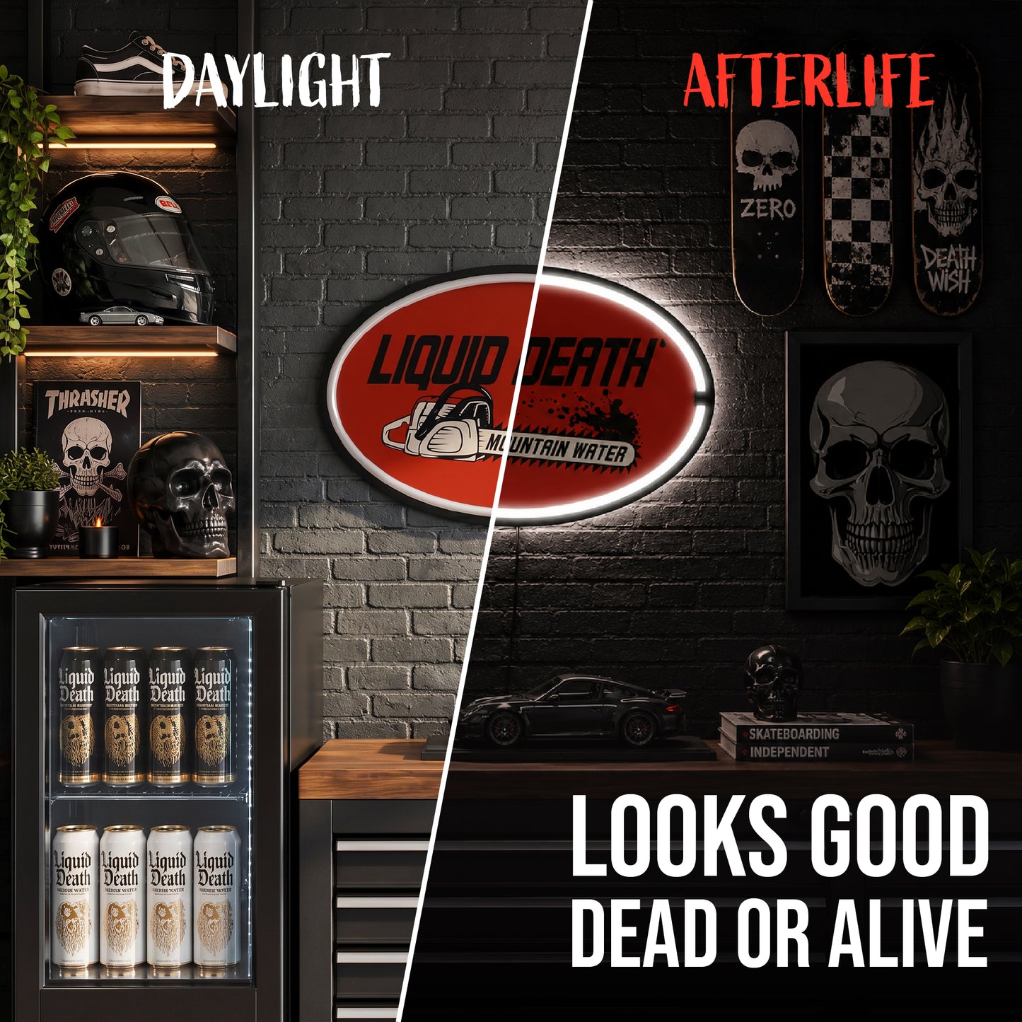 Officially licensed Liquid Death Chain Saw Mountain Water oval LED neon rope wall sign featuring a bright orange background, chainsaw logo, white LED border and black ABS frame for home bars.