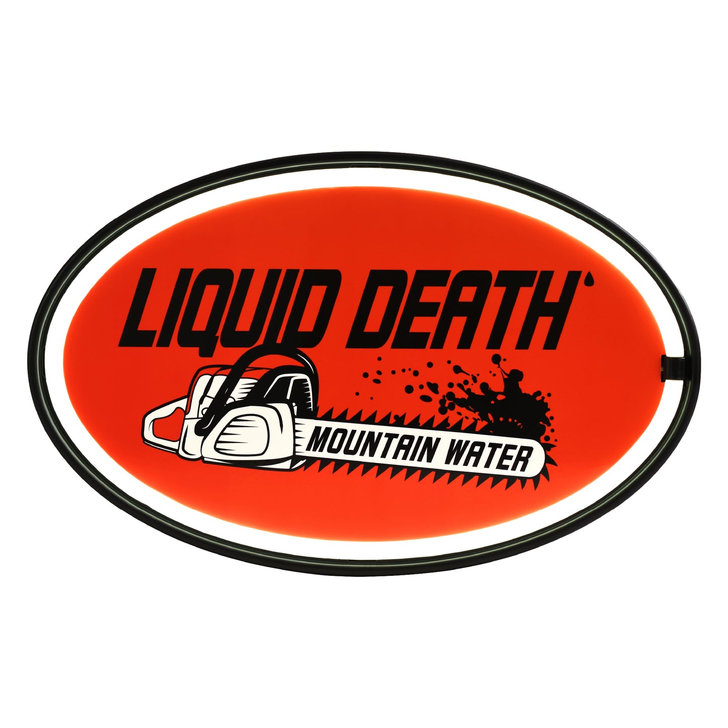Officially licensed Liquid Death Chain Saw Mountain Water oval LED neon rope wall sign featuring a bright orange background, chainsaw logo, white LED border and black ABS frame for home bars.