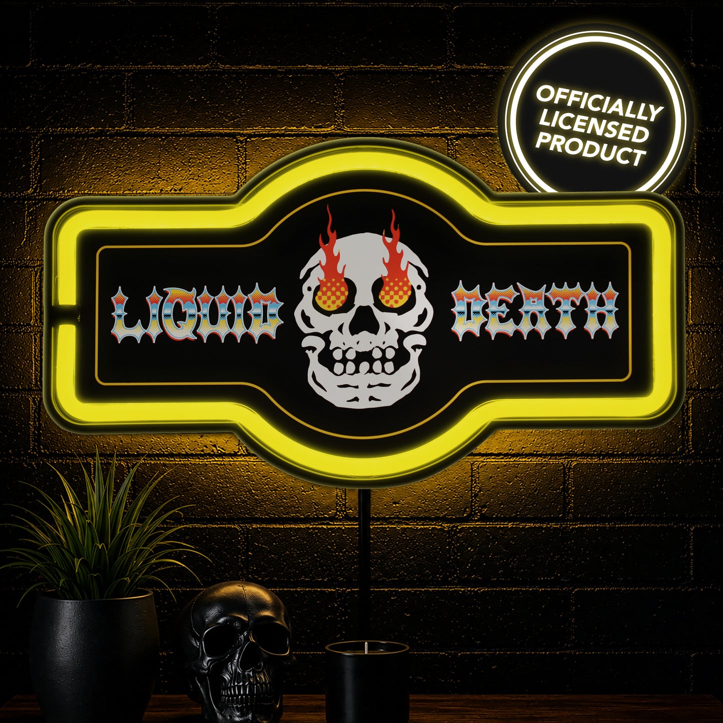 Officially licensed Liquid Death Skull Fire marquee LED neon rope wall sign featuring a flaming skull, bright yellow illuminated border, black background and modern faux neon lighting.