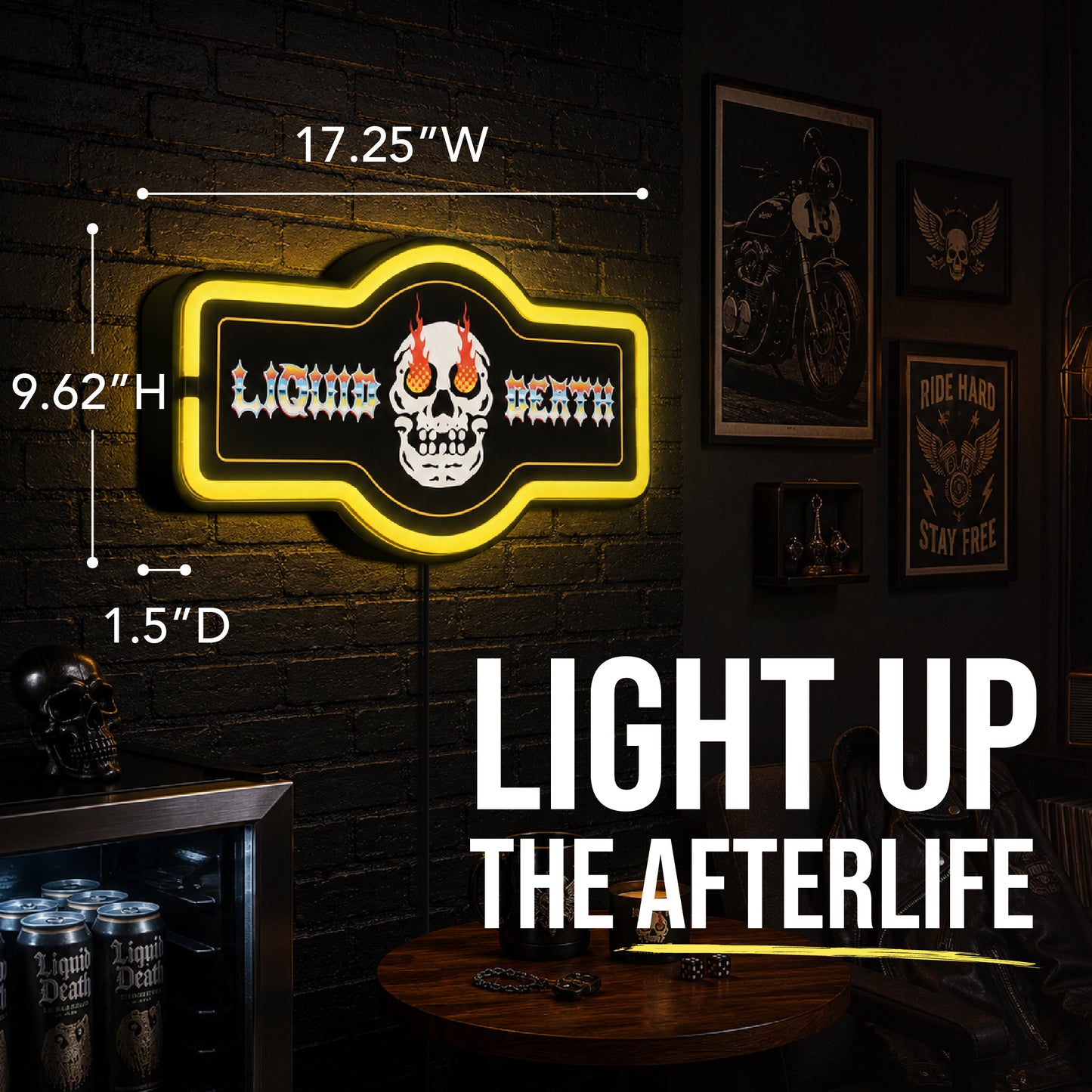 Officially licensed Liquid Death Skull Fire marquee LED neon rope wall sign featuring a flaming skull, bright yellow illuminated border, black background and modern faux neon lighting.