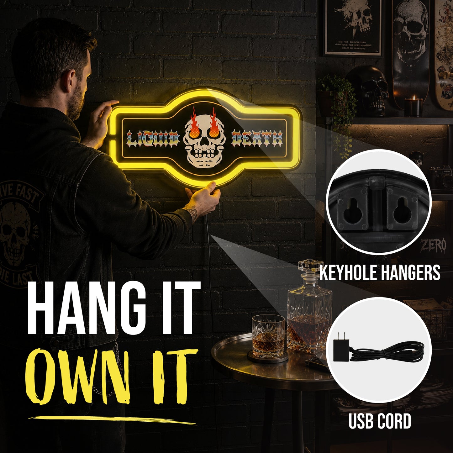 Officially licensed Liquid Death Skull Fire marquee LED neon rope wall sign featuring a flaming skull, bright yellow illuminated border, black background and modern faux neon lighting.